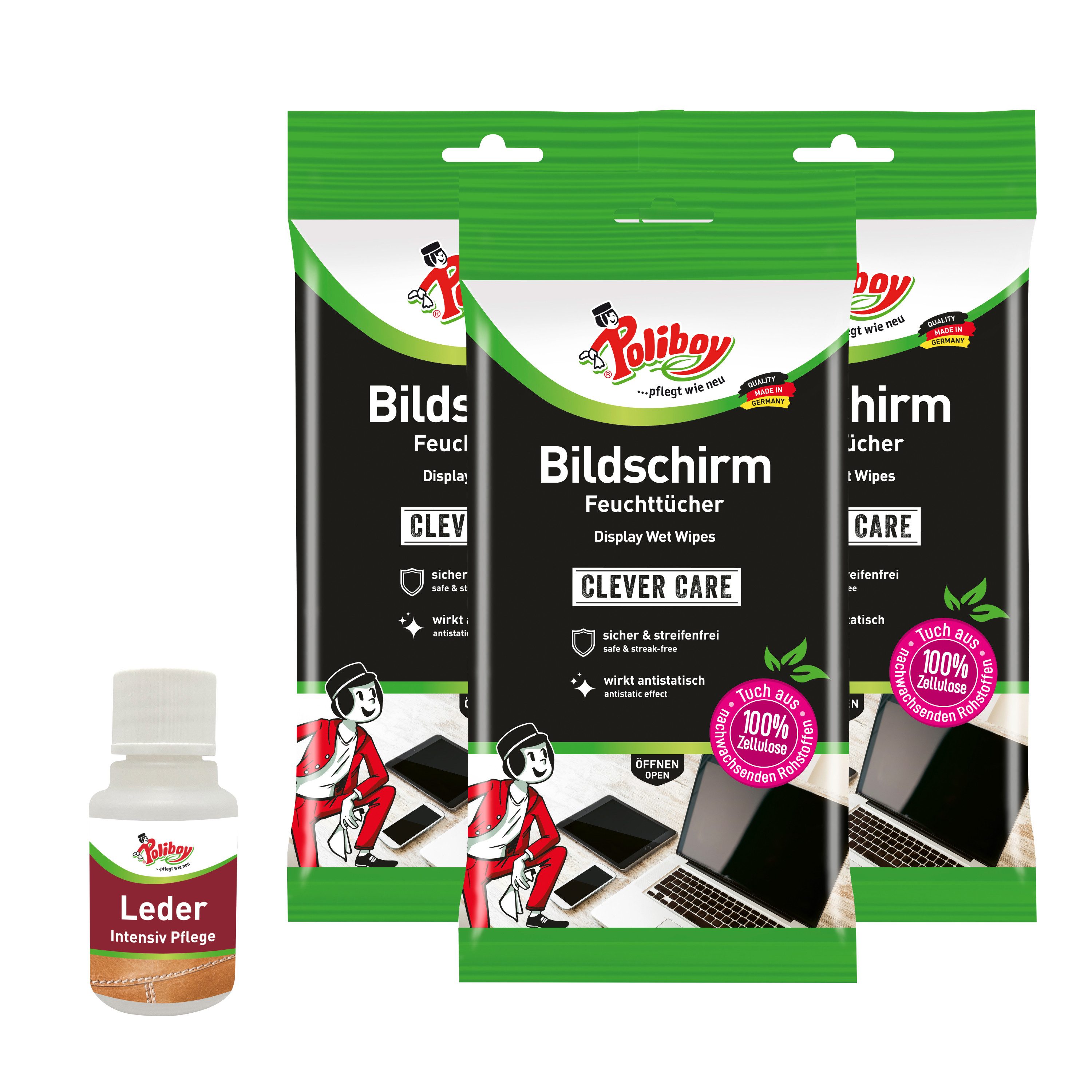 poliboy Bildschirm Putztücher 3er Set + Leder Probe Bildschirmreinigungstuch (15x20 cm, Ideal zum Reinigen von Displays und Monitoren - Made in Germany)