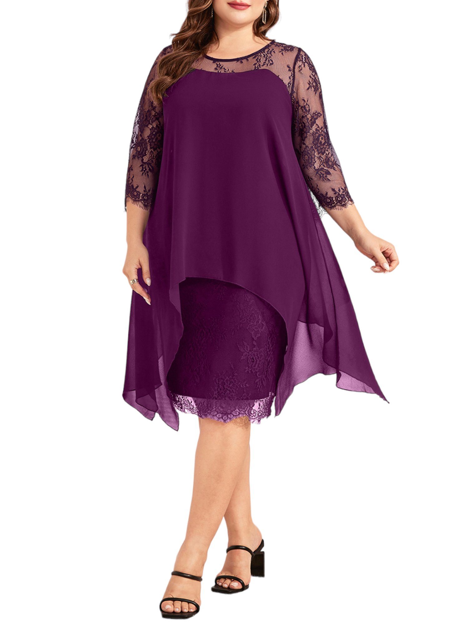 Größe 38-50 Lila mit Abendkleid Spitze Chiffon PYL Chiffonkleid Damen Kleid Cocktail Party