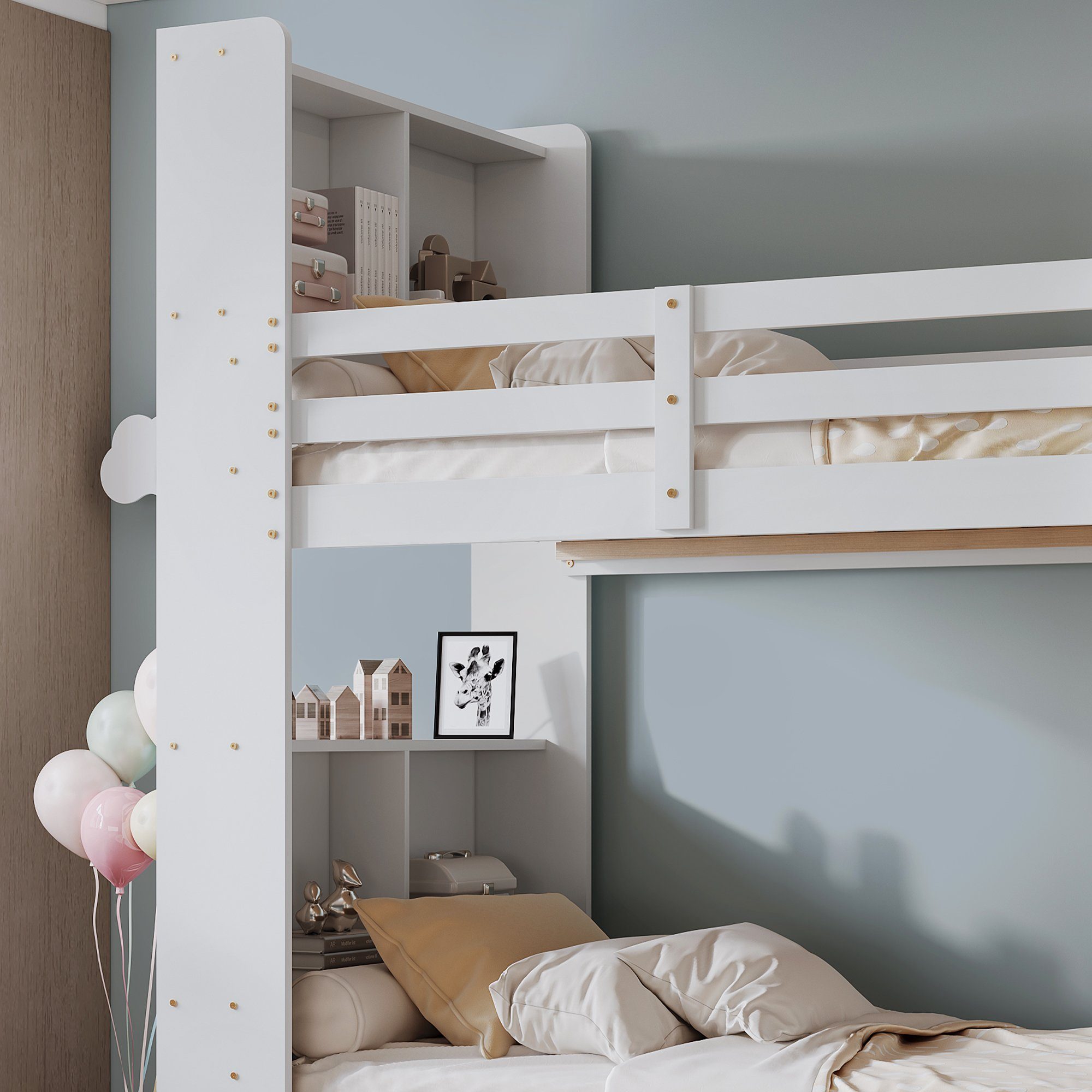 Ulife Etagenbett Kinderbett mit Regalen dreistufiger,Stauraum-Holzbett und