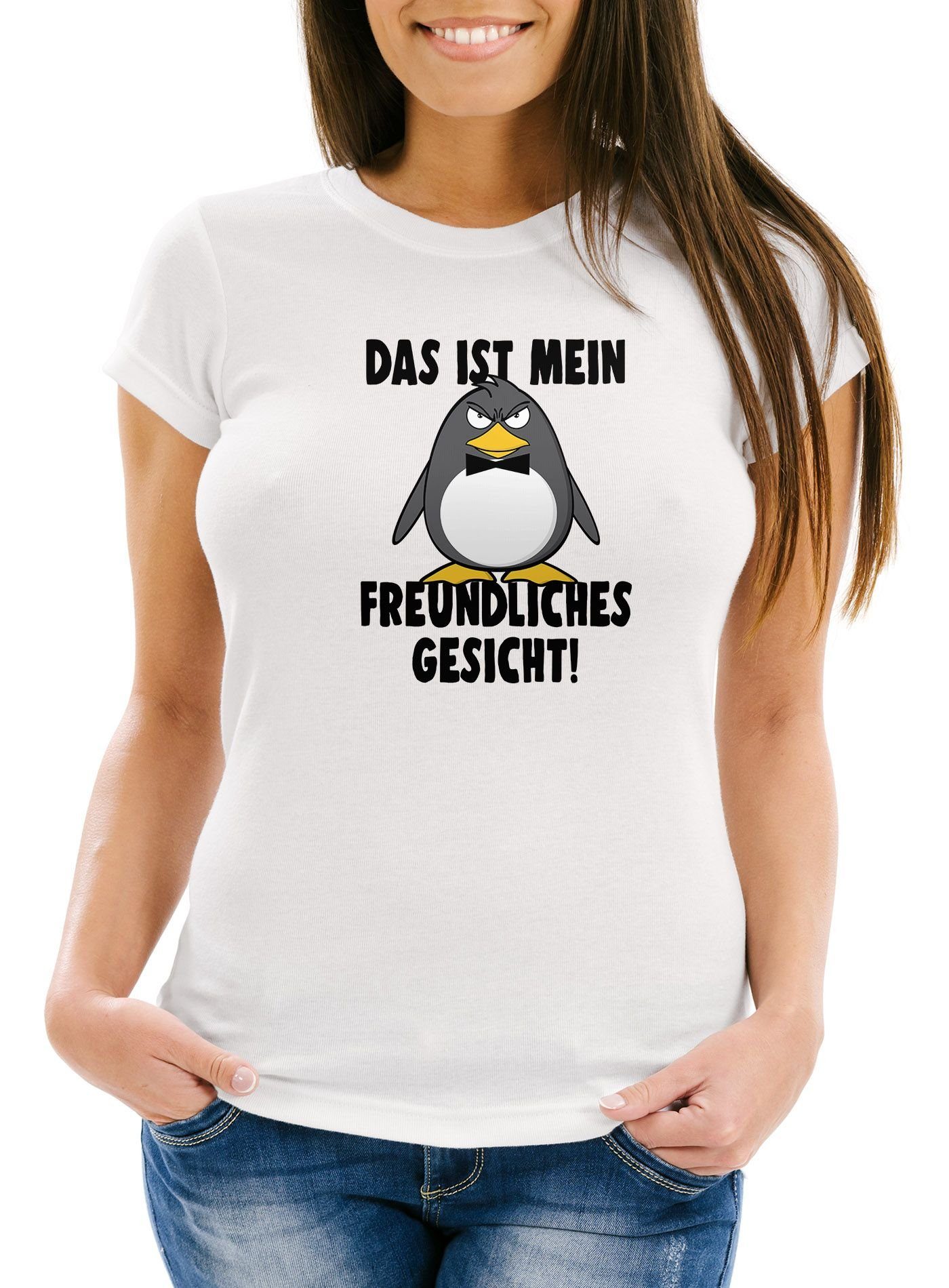 MoonWorks Print-Shirt Damen T-Shirt Das ist mein freundliches Gesicht Vogel Pinguin Spruch Slim Fit Moonworks® mit Print