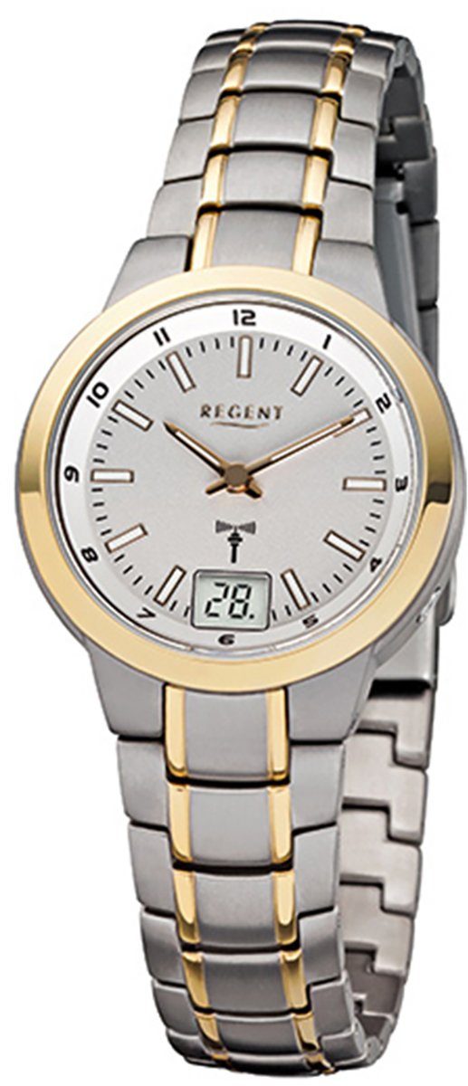 Regent Funkuhr Regent Damen-Armbanduhr grau gold Analog, Damen Funkuhr  rund, klein (ca. 29mm), Titan, Goldarmband, Regent Damenuhr