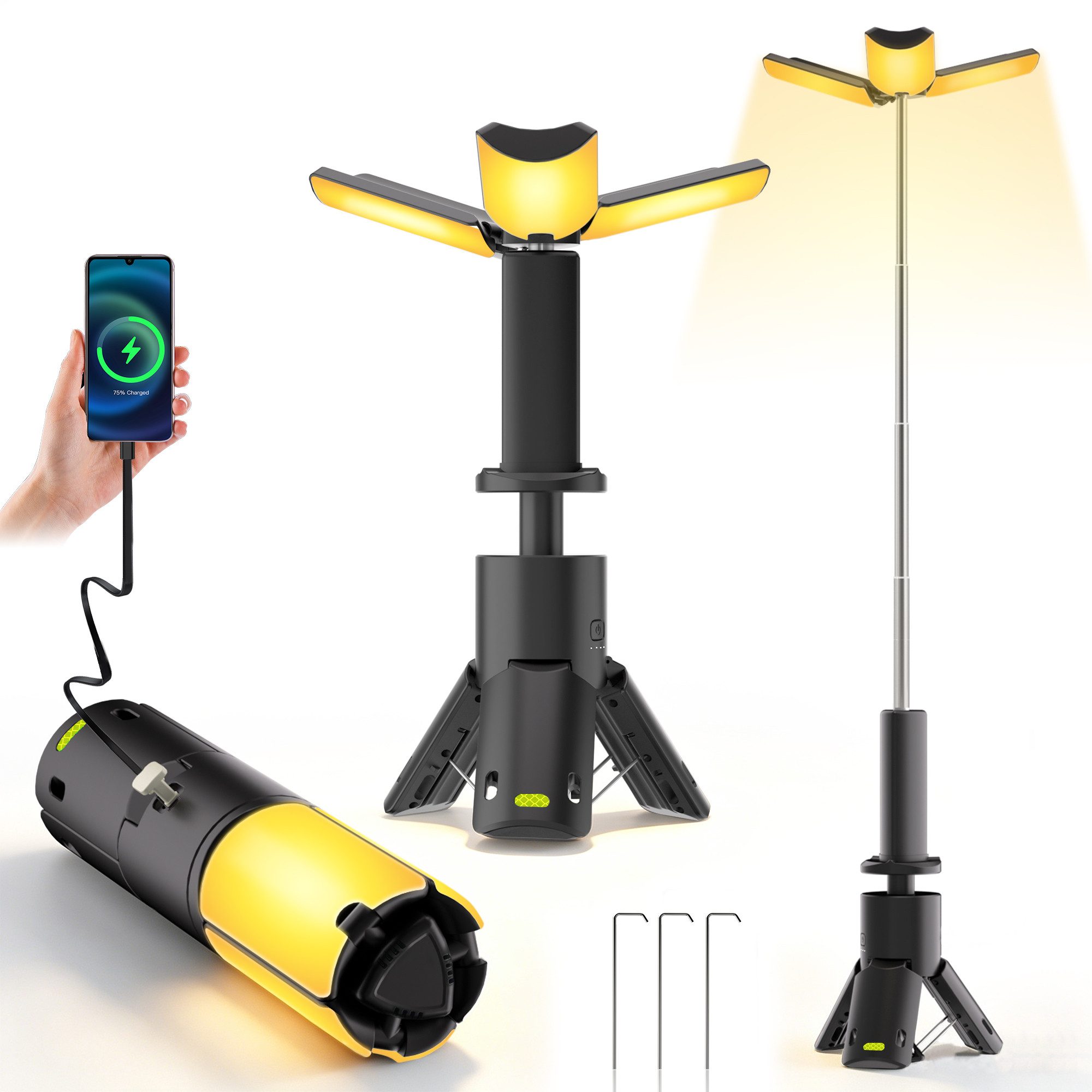Rhein Beleuchtung LED Gartenleuchte LED Teleskop Campinglampe 10000mAh wiederaufladbar mit Powerbank, Ausziehbares Teleskop, LED fest integriert, Neutralweiß, Kaltweiß, Warmweiß, Dimmbar, magnetisch, 2400 lm, 270° verstellbar, ausziehbar