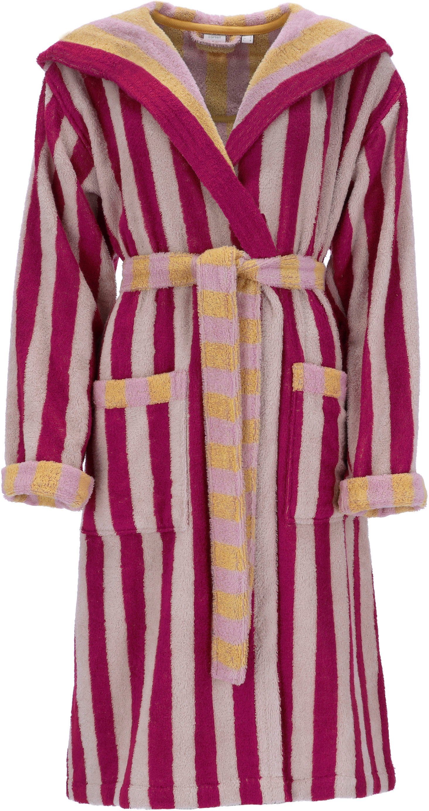 Esprit Unisex-Bademantel Summer Stripe, ideal für Sauna & Spa, Hotelbademantel, Morgenmantel, Langform, Webfrottier, Kapuze, Gürtel, Doubleface