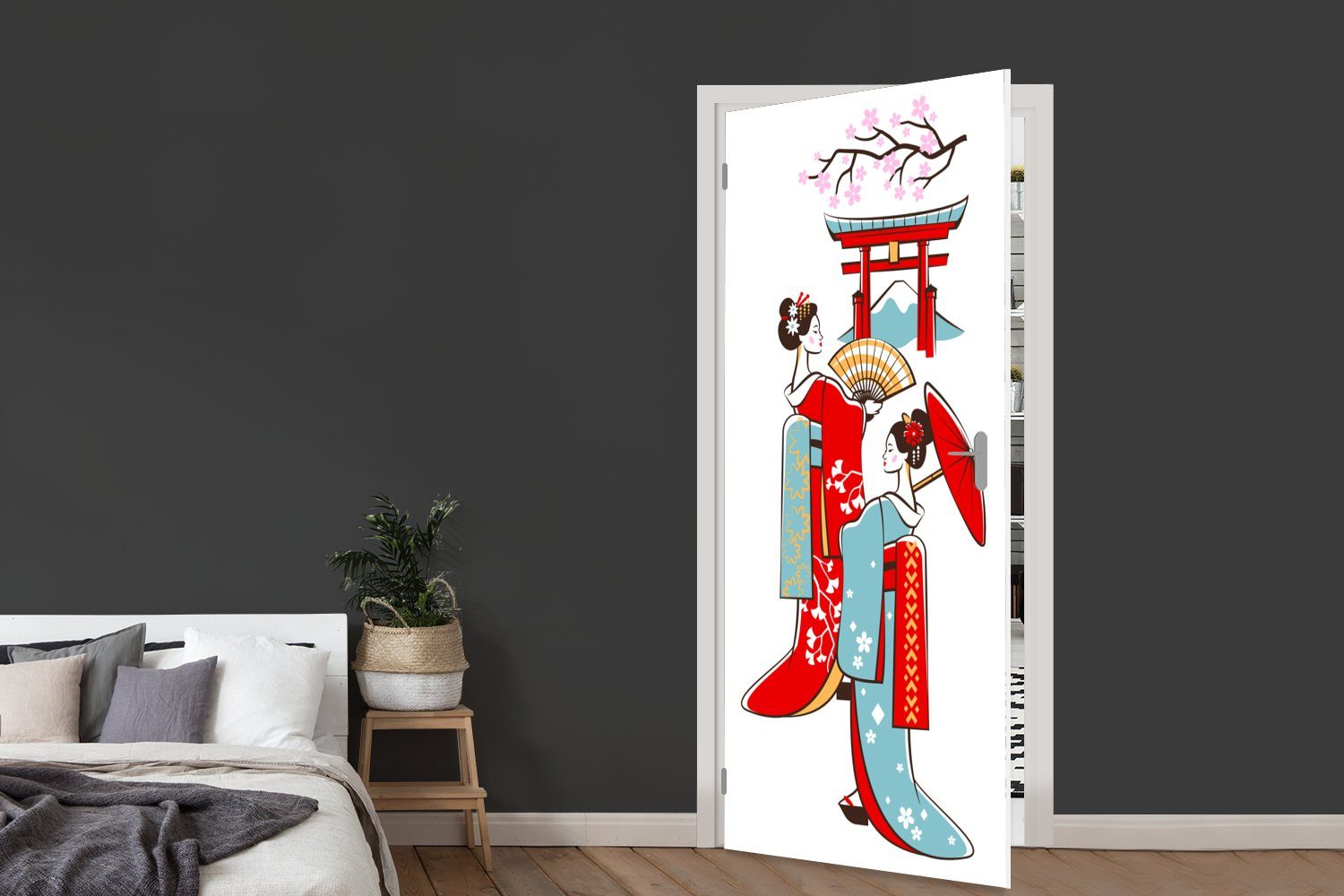 zwei Türtapete St), Illustration Frauen, Türaufkleber, von 75x205 Fototapete japanischen MuchoWow Tür, (1 bedruckt, für cm Matt,