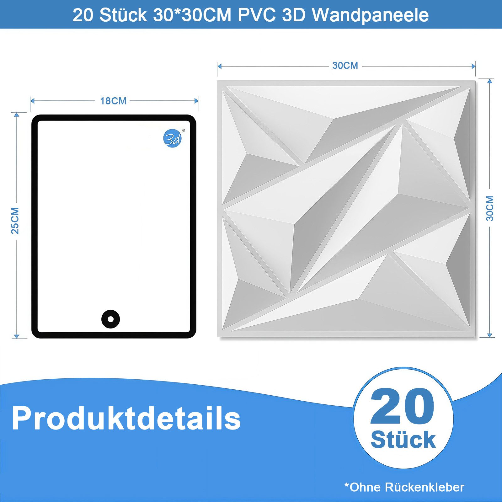 PFCTART 3D Wandpaneel 20 Stück 3D Wandpaneele Diamant Design – Hochsteifes PVC, 30×30 cm, 0,09 qm, (Nicht verformbar, leicht zu reinigen – für Wohnzimmer, Büro & Studio) Wasserfest, hitzebeständig & geruchsneutral – langlebig & recycelbar