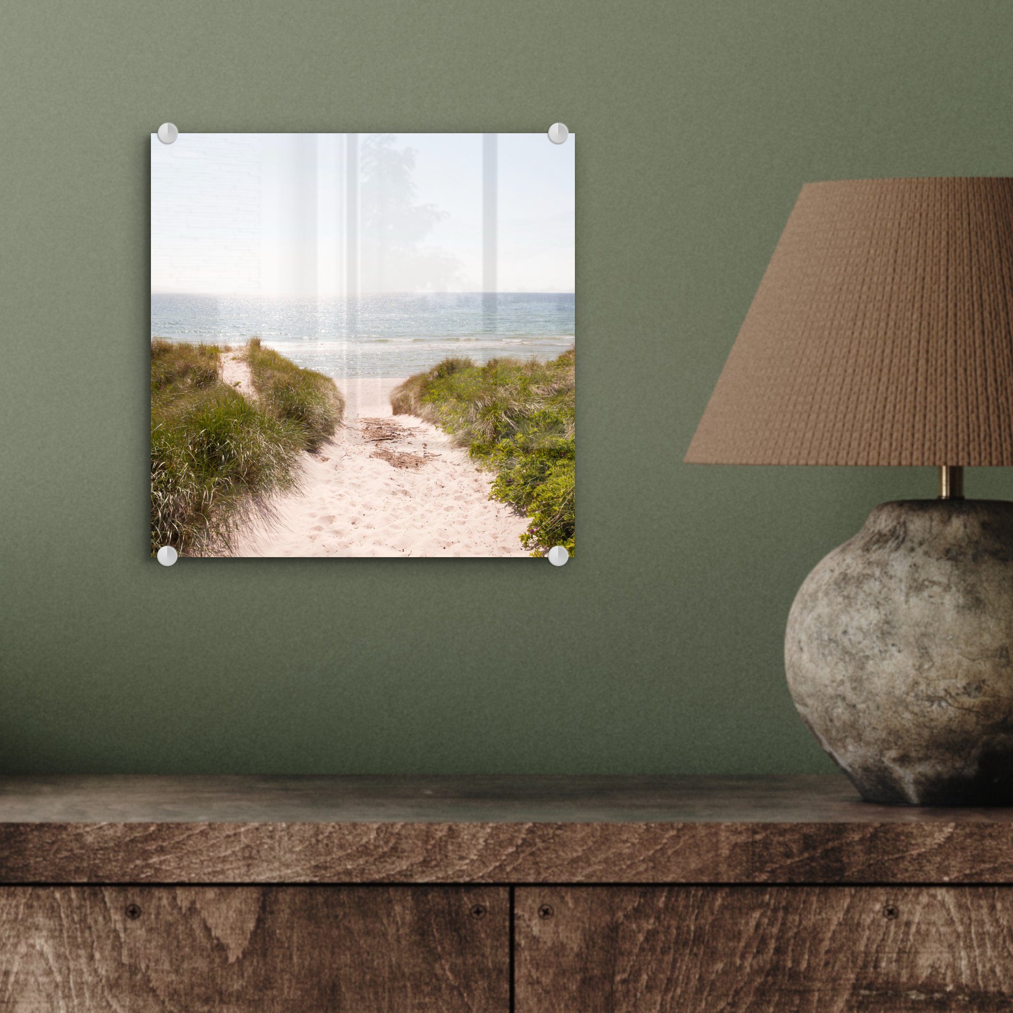 - - Wandbild St), Glas Bilder Strand Acrylglasbild (1 - Glasbilder Wanddekoration auf bunt Grün, Foto Glas - - MuchoWow auf Meer