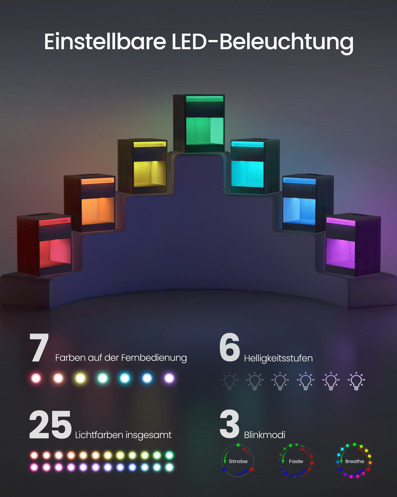 VASAGLE Nachttisch (1-St), mit einstellbarer LED-Beleuchtung, Beistelltisch mit Steckdosen