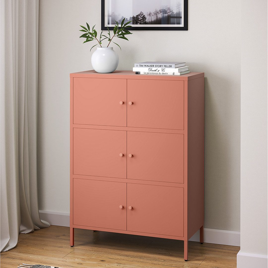 skølm Kommode Atriona aus Metall, Metallschrank mit Türen und Fächern (Terrakotta, 3 Fächer & 6 Türen), 113,5 x 80 x 38 cm, auch mit 2 Fächern