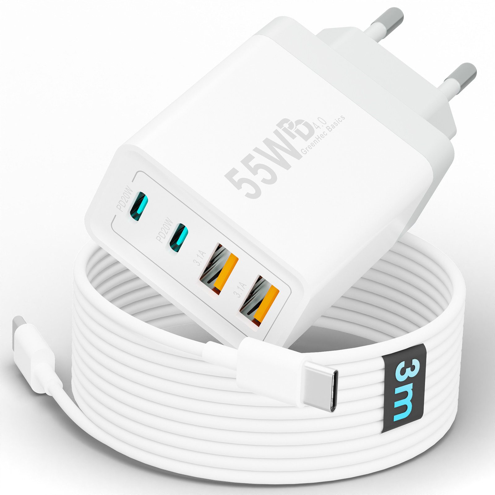 GreenHec Ladegerät USB-C iPhone mehrfach Charger Handy Stecker Adapter Netzteil Schnelllade-Gerät (0,00 mA, set, 55w Quatro Charger, iPhone 17 16 15 14 13 12 iPad, Schnell, 55w Multiport, Kabel, 2er Pack)