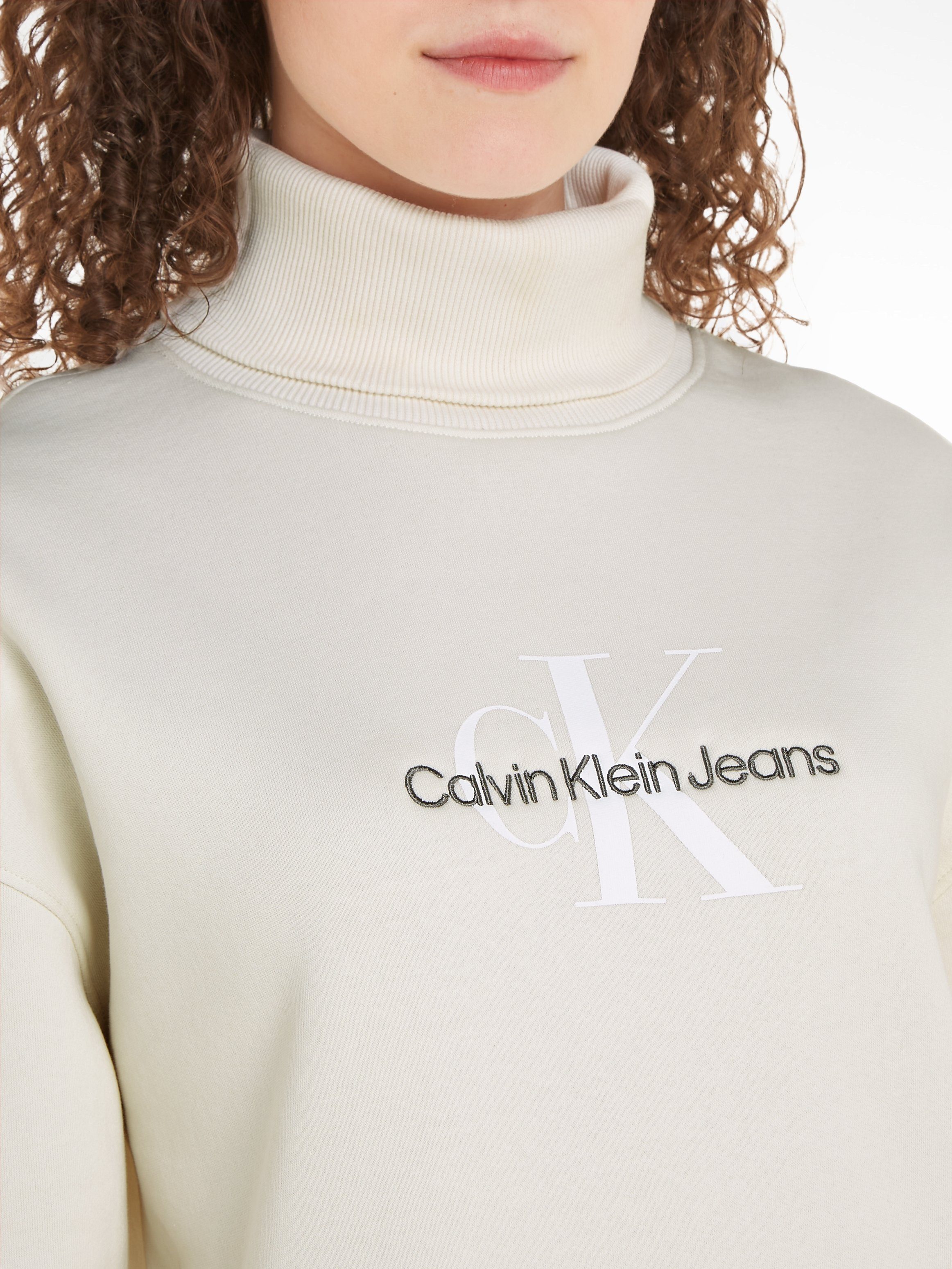 Klein DRESS NECK Jeans ecru Sweatkleid ROLL MONOLOGO Calvin