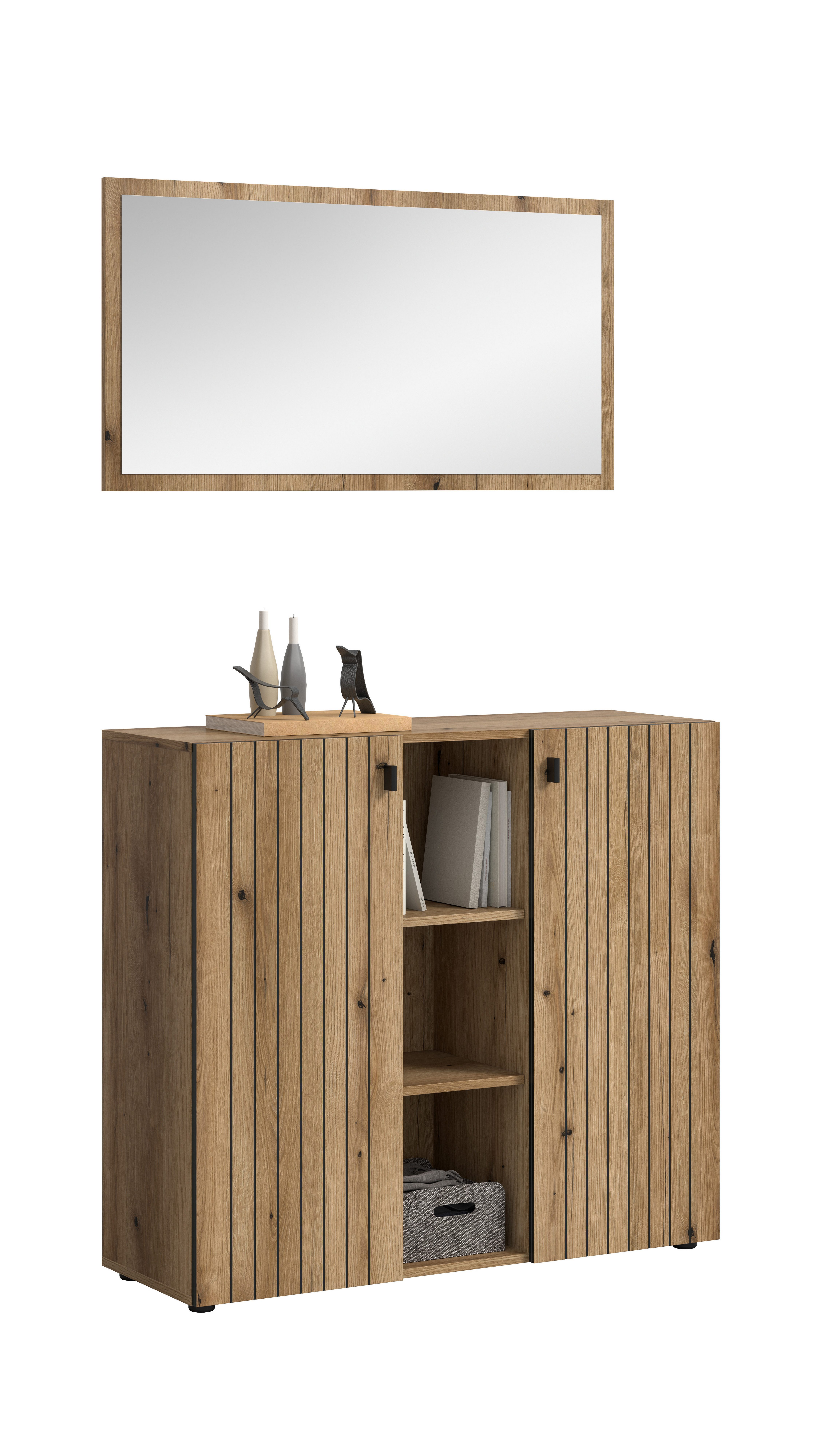 furnling Garderoben-Set Stalon, (2-St., Schuhkommode, Spiegel), kratzfeste & wasserabweisende Oberflächen in Paneeloptik, Evoke Oak