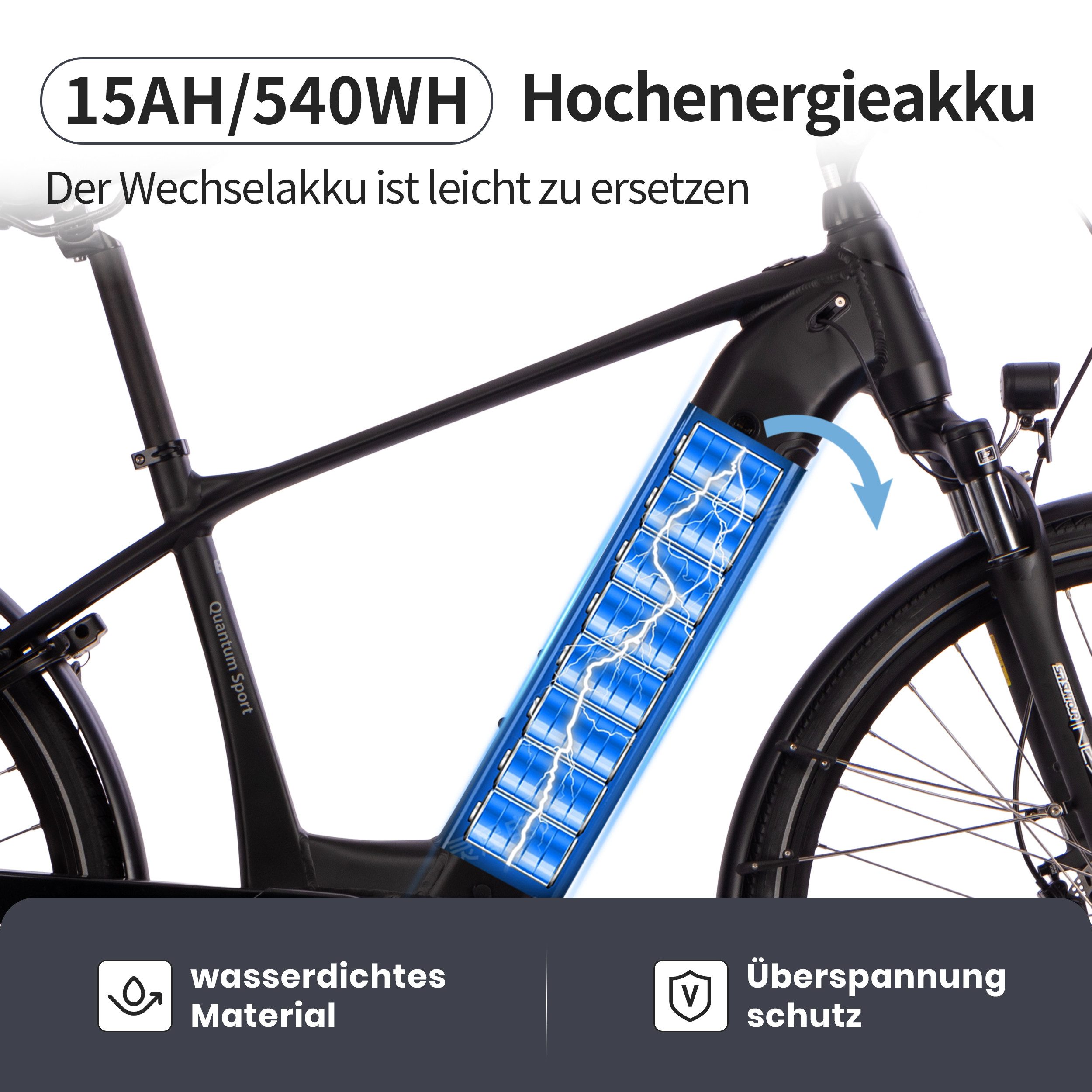 SAXXX E-Bike Trekkingrad 28 Zoll für Damen u. Herren, SAXXX QSD, 540Wh, max. 110km, 130kg, 10 Gang SHIMANO Deore Schaltwerk, Kettenschaltung, Mittelmotor, 540 Wh, (mit entnehmbarem Akku, mit Akku-Schlüssel, mit Gepäckträger), StVZO Pedelec, hydr. Scheibenbremsen, vormontiert zu 95 %