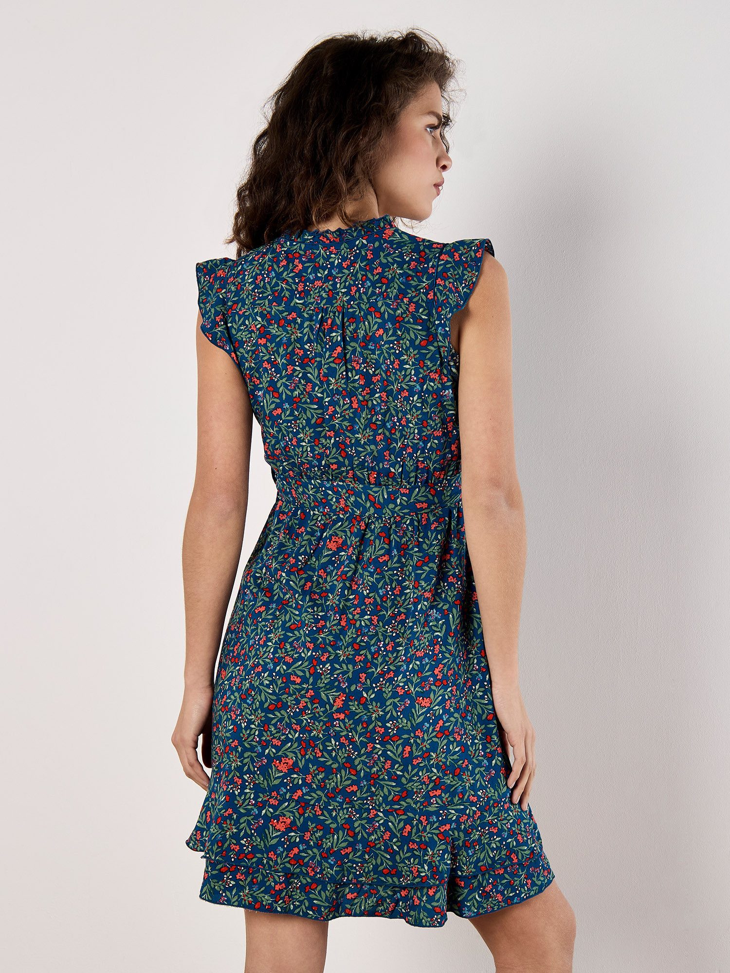 Apricot Druckkleid Blumenwald-Rüschen-Ditsy-Kleid Gemustert mit Rüschen