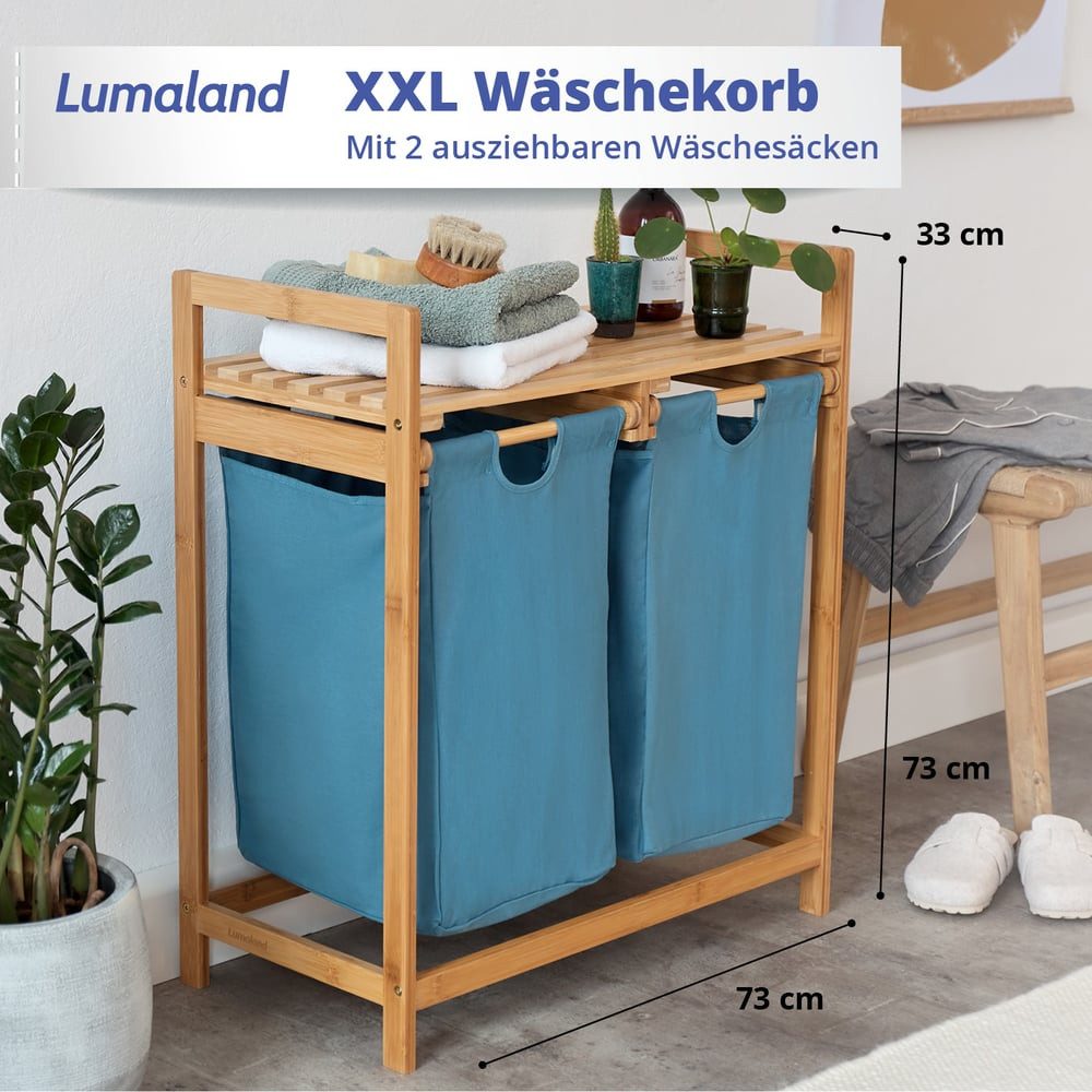 Lumaland Ausziehwäschekorb Bambus mit 2 ausziehbaren Wäschesäcken 73x64x33c günstig online kaufen