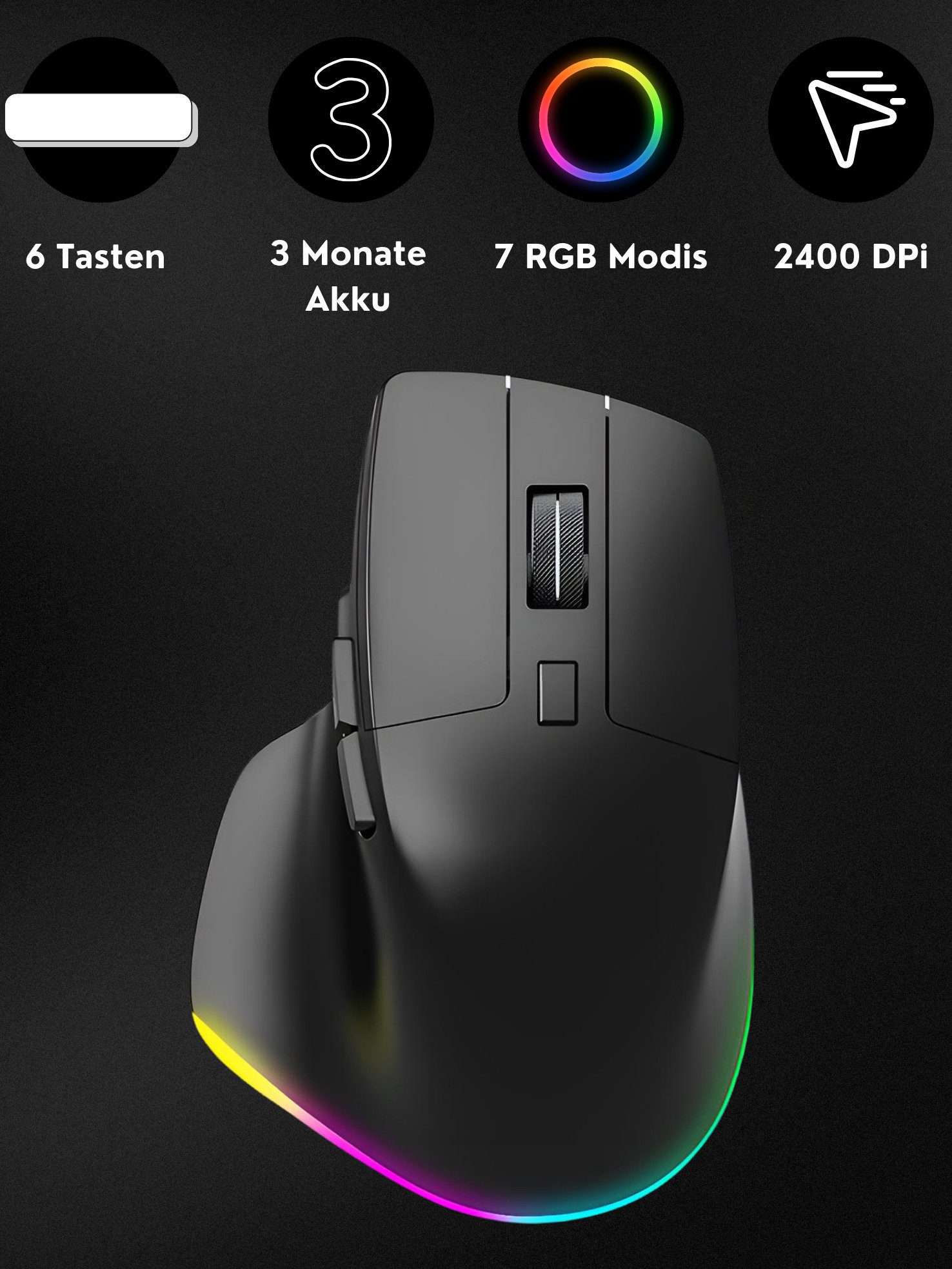 S&T Design RGB Gaming Maus Kabellos Wireless Schwarz Bluetooth Gaming-Maus (Funk, kabelgebunden, Bluetooth, USB-C, 2400 dpi, Ergonomisch, 6 Tasten, 7 RGB Beleuchtung, 2.5G Funk, USB-C)