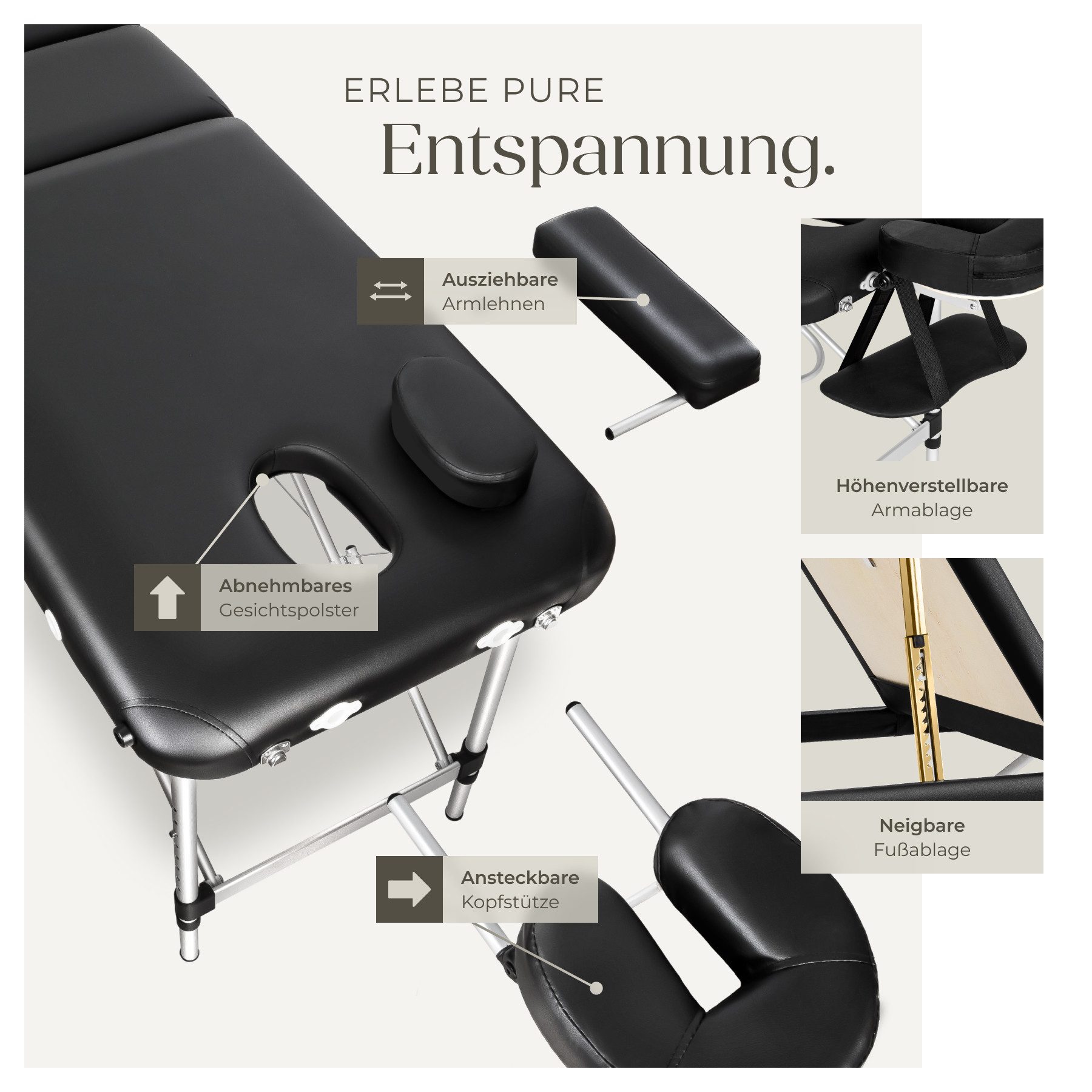 tectake Massageliege 3 Zonen Massagetisch aus Aluminium - Öl- und wasserresistenter Bezug (1 St., 1-St., Einzelartikel), Ergonomische Arm- und Kopfstütze für bequemen Komfort
