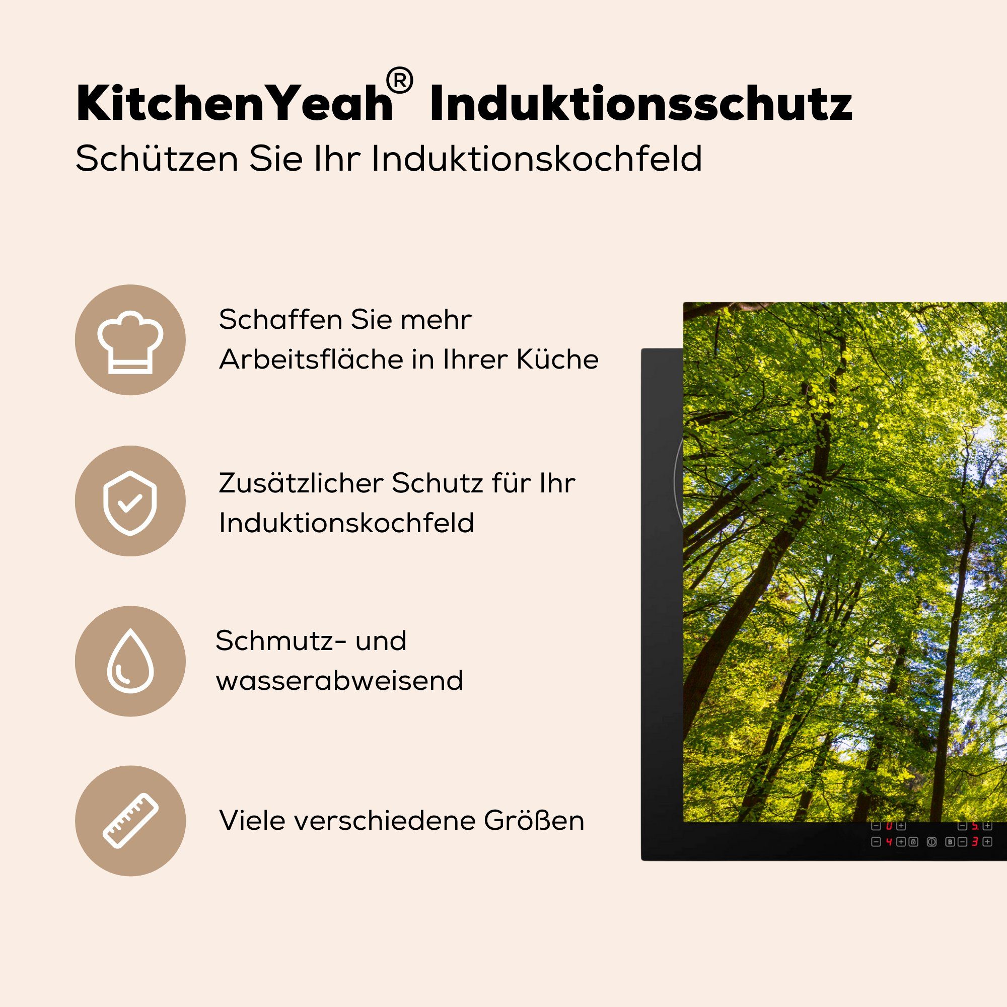 tlg), die - - küche, Sommer Herdblende-/Abdeckplatte 81x52 Vinyl, Wald Laub, Induktionskochfeld (1 MuchoWow für cm, Schutz Ceranfeldabdeckung