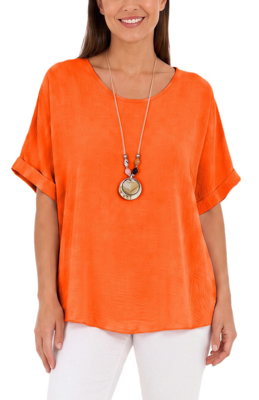 dy_mode Kurzarmbluse Kurzarmbluse Damen Blusenshirt Oberteil Oversize Tunika in Unifarbe, mit Statementkette