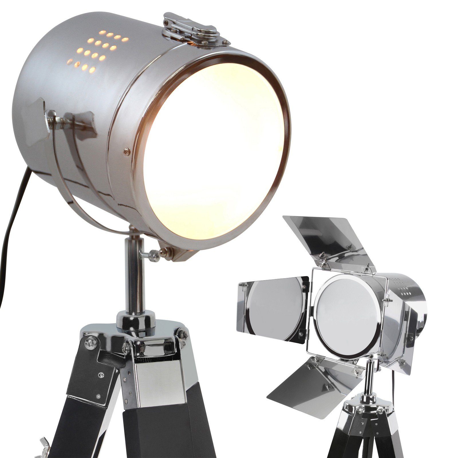 Stehlampe E27,max. Stehlampe LED, Schwarz Verchromter Holz Stahl, - Matt 148cm aus Stativ mit Jago