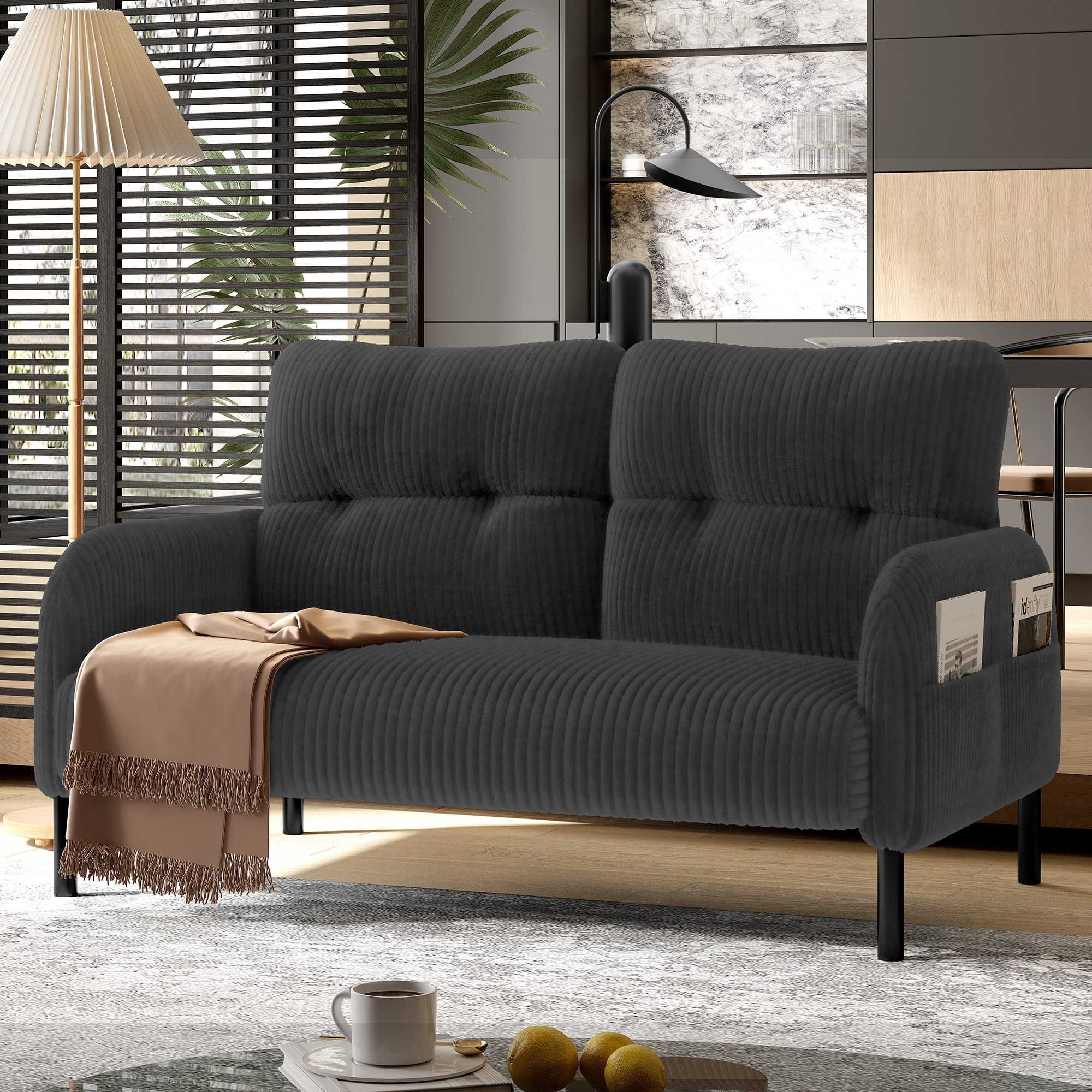 BlingBin Sofa 2-Sitzer Sofa Polstersofa Loungesofa, mit Armlehnen,Hohe Rückenlehne, Seitentaschen und Metallfüße 1 Teile, Cordstoff, für Homeoffice-Lounges, 120x75x79 cm