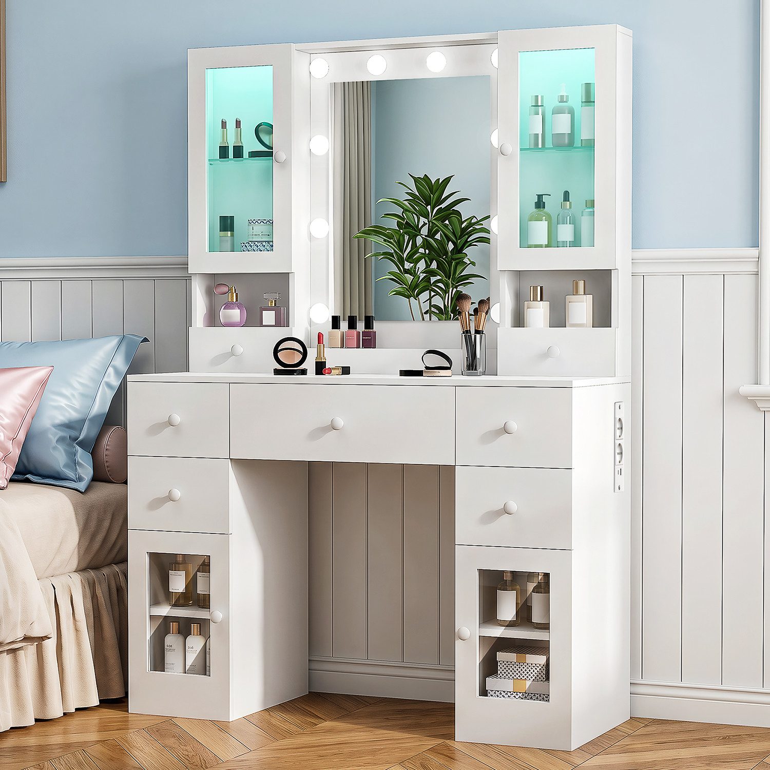 oyajia Schminktisch mit Spiegel und LED-Leuchten, Steckdosenleiste, 5 Schubladen (1 Schränke, 10 dimmbare Glühbirnen, 3 Lichtfarben, 107.5x40x155.5cm), für Ihr perfektes Make-up-Erlebnis