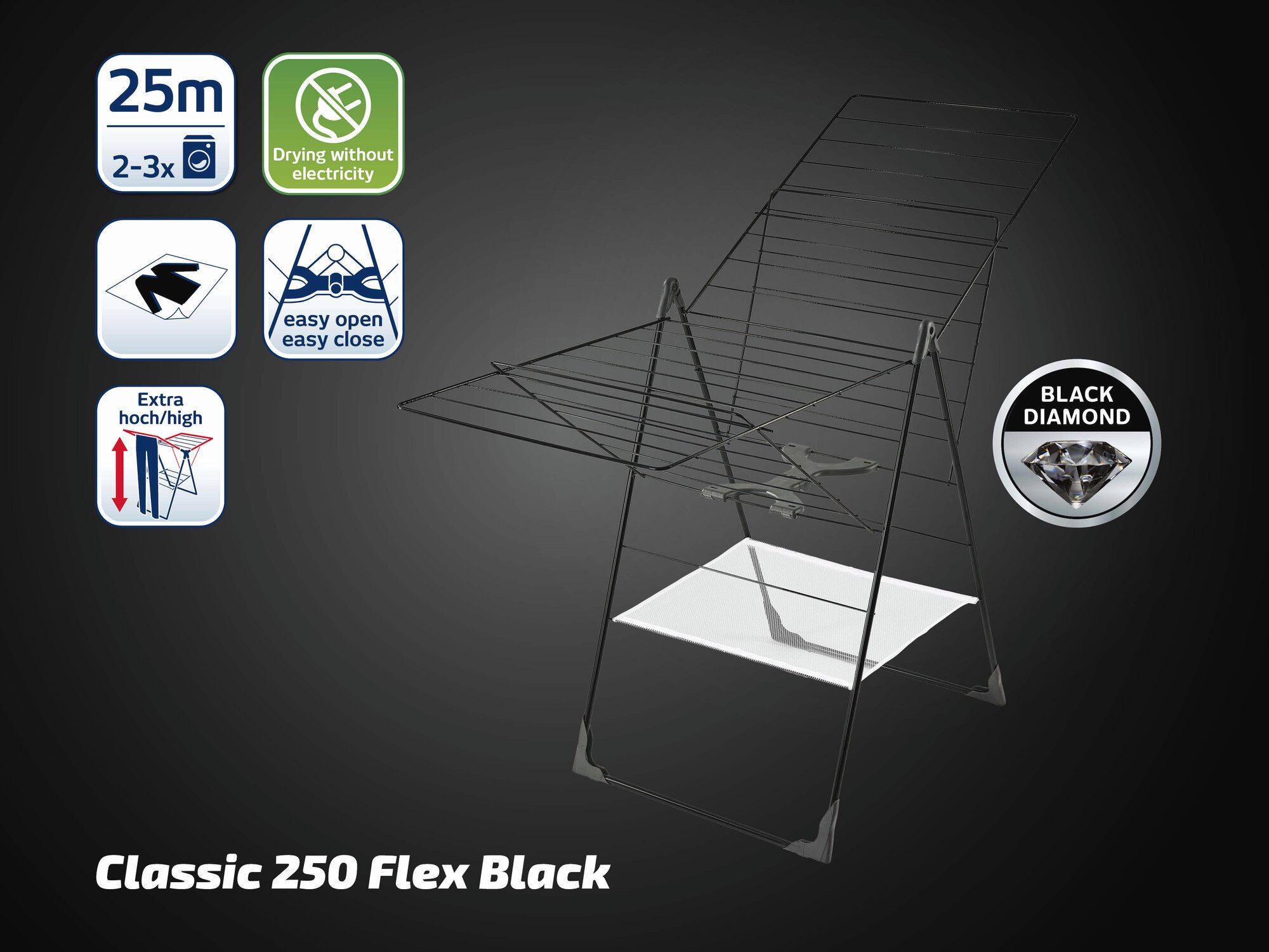 Leifheit Wäscheständer Standtrockner Classic 250 Flex Black, 25m Trockenlänge, höhenverstellbare Flügel, modernes Design