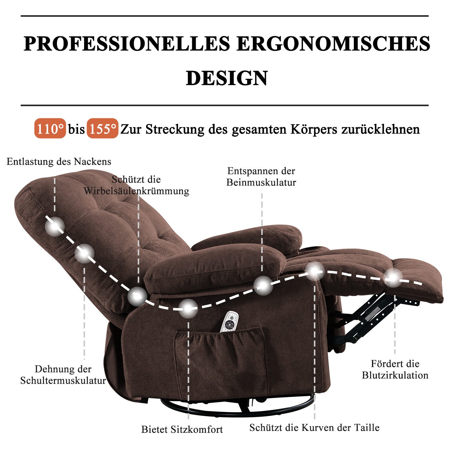 bosmiller Relaxsessel Elektrisch Fernsehsessel Verstellbar Massagesessel mit Liegefunktion (1-St), Ergonomisch Heizung Sessel mit Getränkehalter
