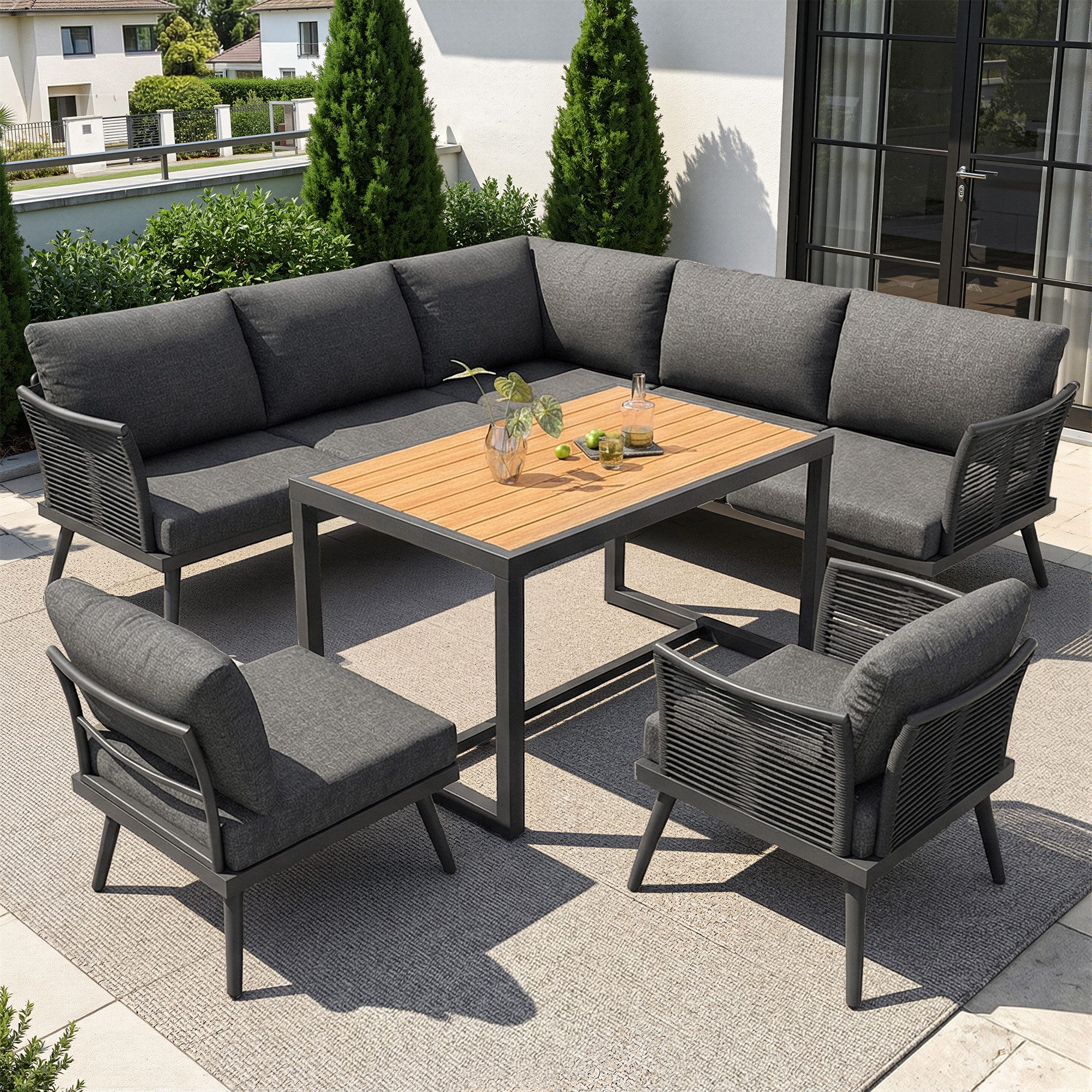 Merax Gartenlounge-Set in L-Form, Sitzgruppe mit geflochtenen Armlehnen & Eisenrahmen, (6-tlg), 7-Sitzer Gartenmöbel Ecklounge mit Holz-Couchtisch, 3 Sofa, 2 Sesseln