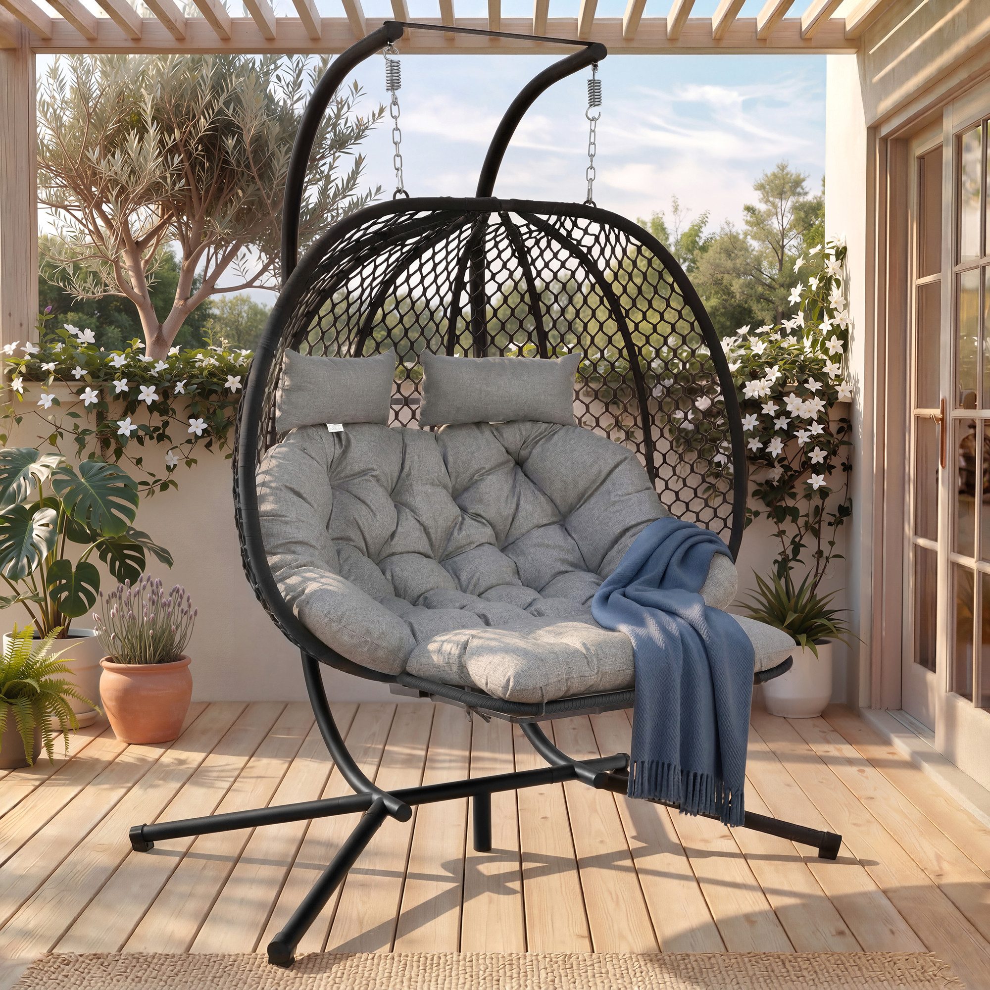 Merax Hängesessel Ei-Form Doppelschaukelstuhl aus Polyesterseil und Eisenrahmen (1-St), Gartenhängesessel mit Ständer, Fußstütze, Sitzkissen & Sitzkissen