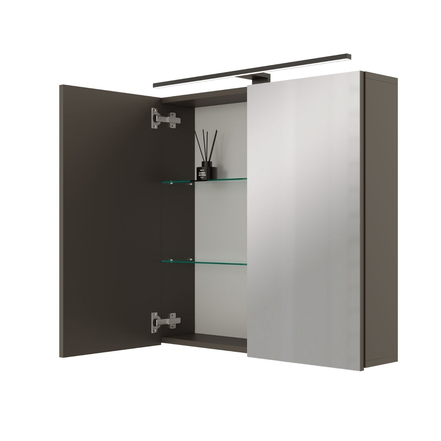 Planetmöbel Spiegelschrank ARIA Badschrank 70 cm mit Beleuchtung & Steckdose (Spiegelschrank Bad mit Beleuchtung 70 x 70 x 16 cm, 3-St., Badspiegelschrank 2-türig) Steckdose für Elektrogeräte, LED-Aufbauleuchte 60cm