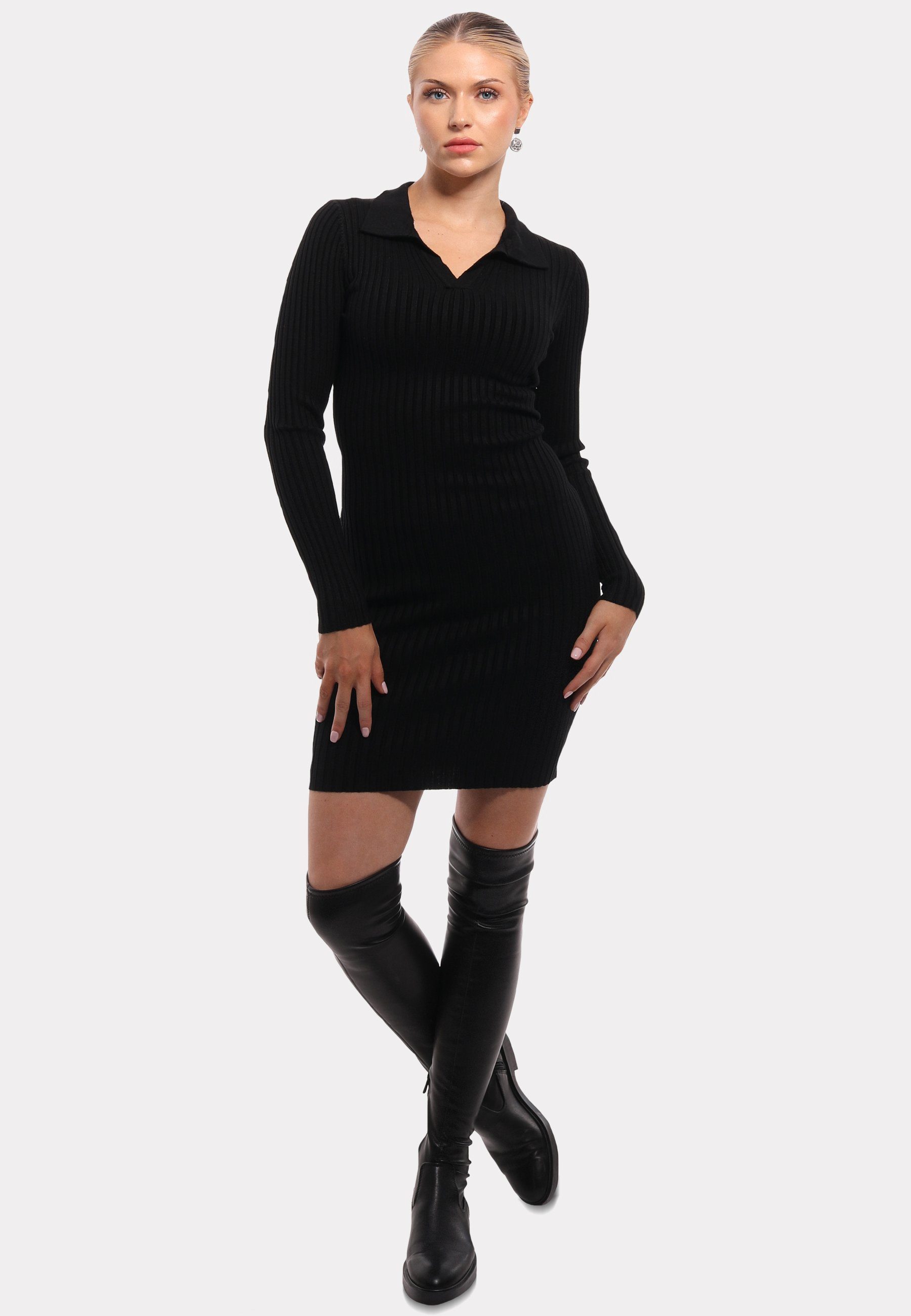 mit Style (1-tlg) schwarz Fashion Strickkleid Polokragen Elegantes Unifarbe & in Strickkleid Mini YC