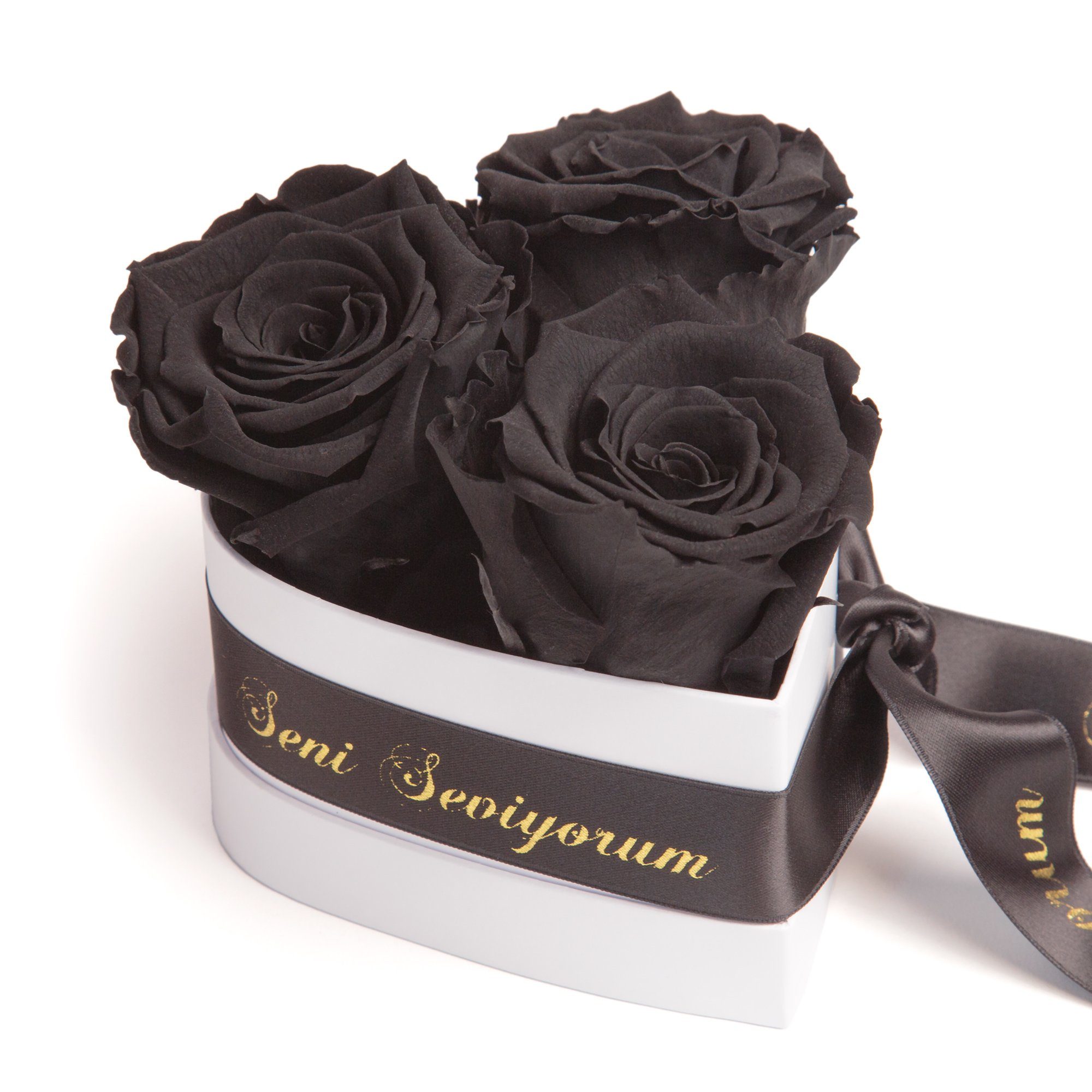 Kunstblume Seni Seviyorum Infinity Rosenbox Herz 3 echte Rosen konserviert Rose, ROSEMARIE SCHULZ Heidelberg, Höhe 10 cm, echte Rosen lang haltbar Schwarz