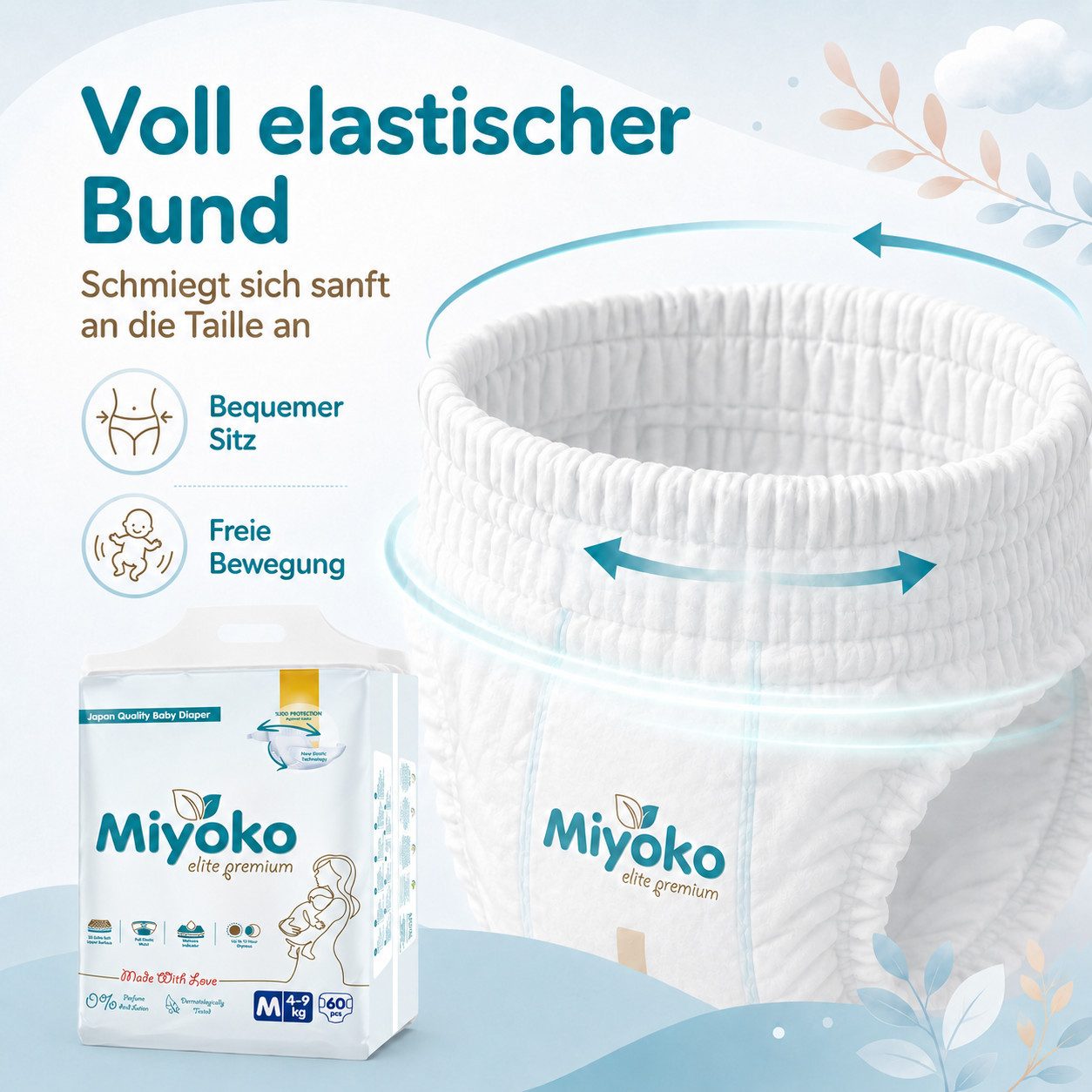 Preline Windeln Miyoko Elite Premium Babywindel, 3D extra weiche Oberfläche (Einzelpackung, 1er-Set, Größe S–XXL, 38–68 Stück je nach Größe), Nässeindikator, elastischer Bund, bis zu 12 Std. Trockenheit