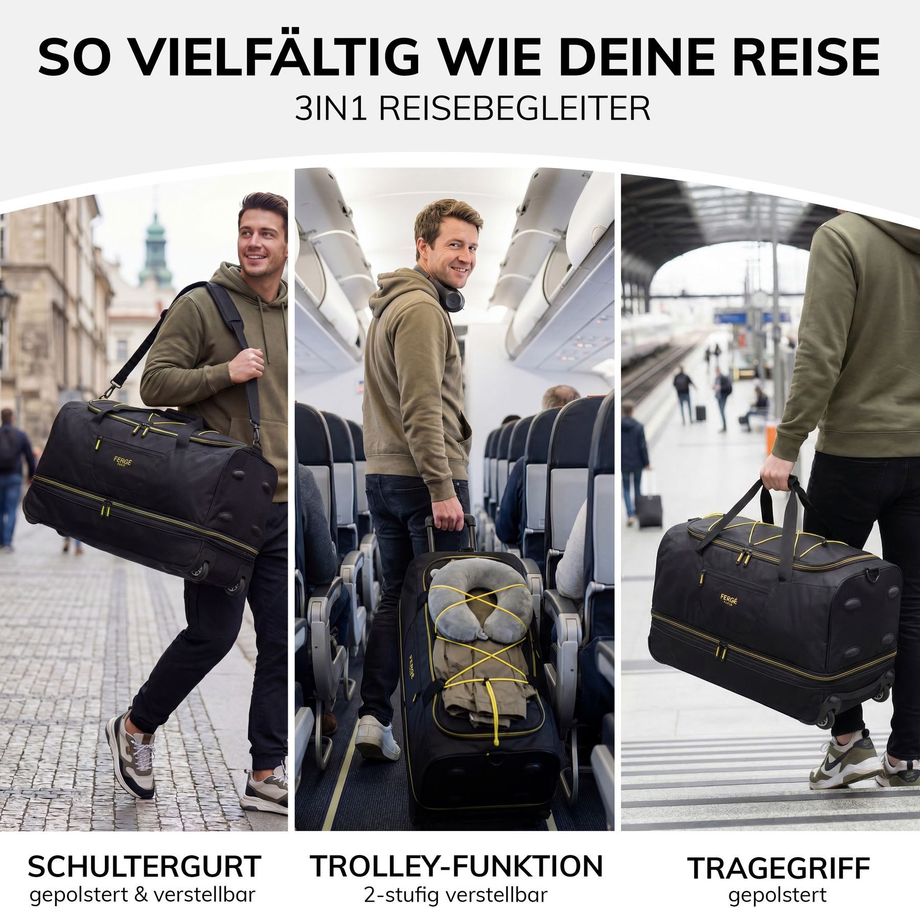 FERGÉ Reisetasche mit Rollen & extra Schuhfach, groß, Handgepäck, Tragetasche aus Nylon, Erweiterbare Reisetasche, Handgepäck / XL, Schuhfach & Außenfächer