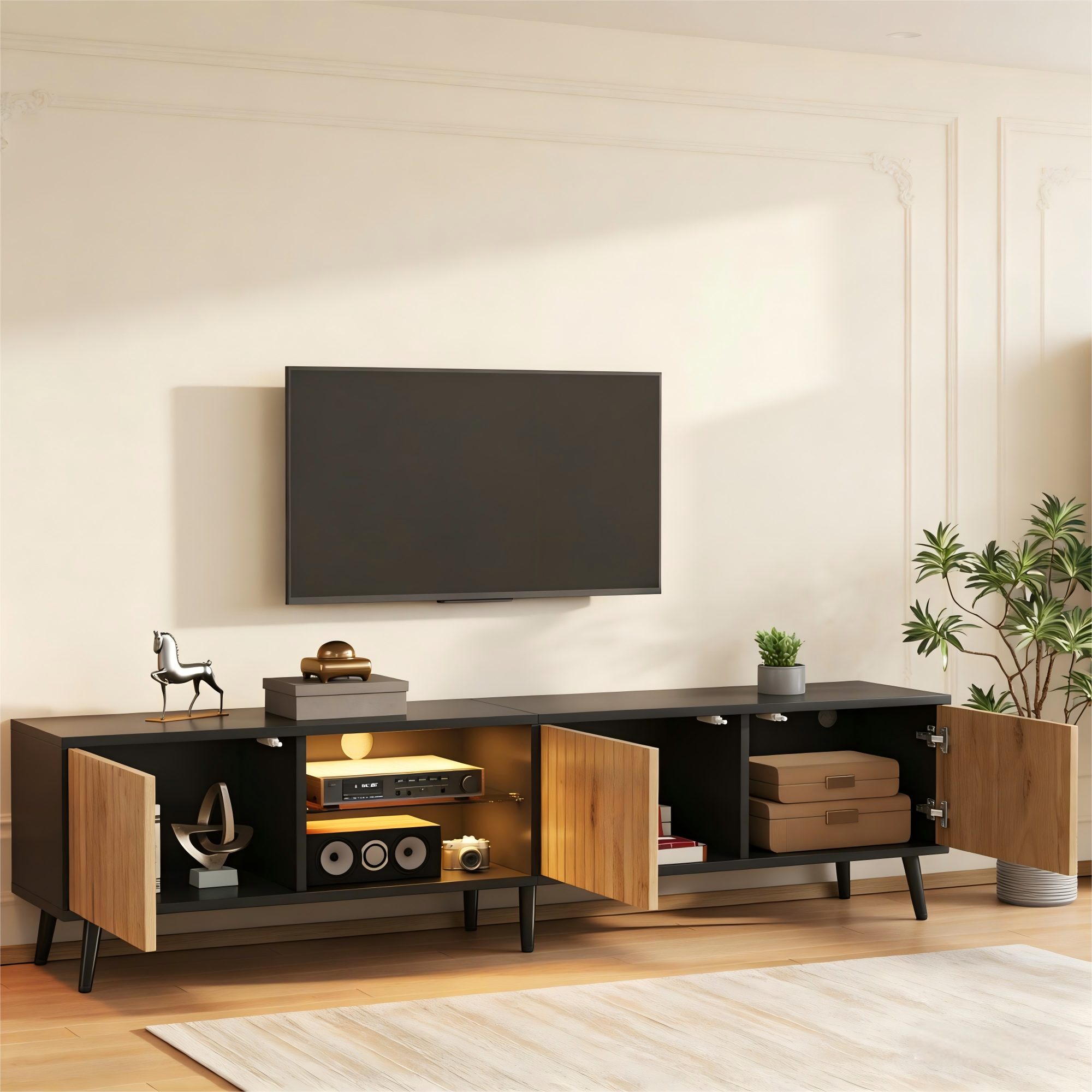 Merax Lowboard mit LED-Beleuchtung und App Steuerung, TV Schrank in Holzoptik (1 St), Wohnzimmerschrank mit 3 Türen, Glasregal & Stauraum, 175x31x43,5cm