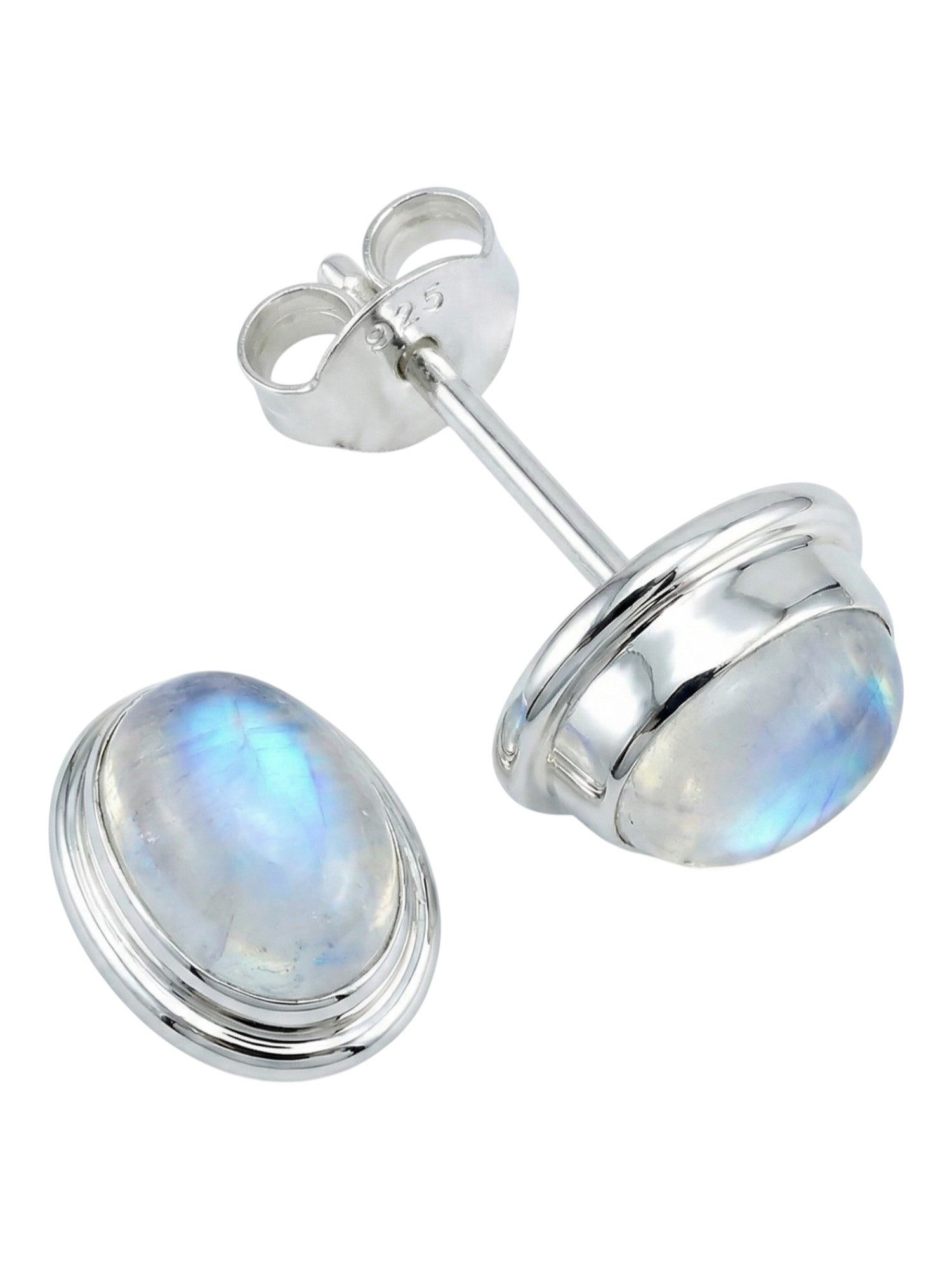 mantraroma Paar Ohrstecker SARALA oval klein aus 925 Silber mit Regenbogen Mondstein (Paar, Paar Ohrringe mit Schmuckbeutel), 925 Sterling Silber Ohrringe für Damen
