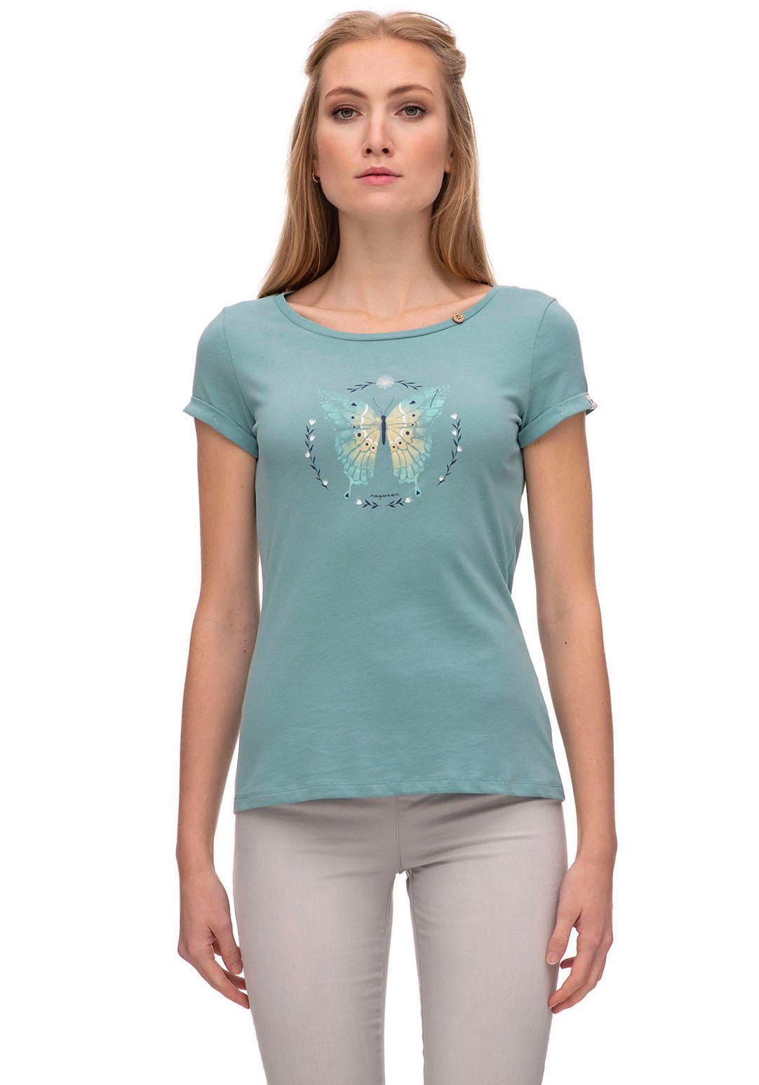 Brust auf Ragwear der FLORAH ORGAN aqua Shirt Schmetterlings-Print T-Shirt Rundhalsshirt mit BUTTERFLY