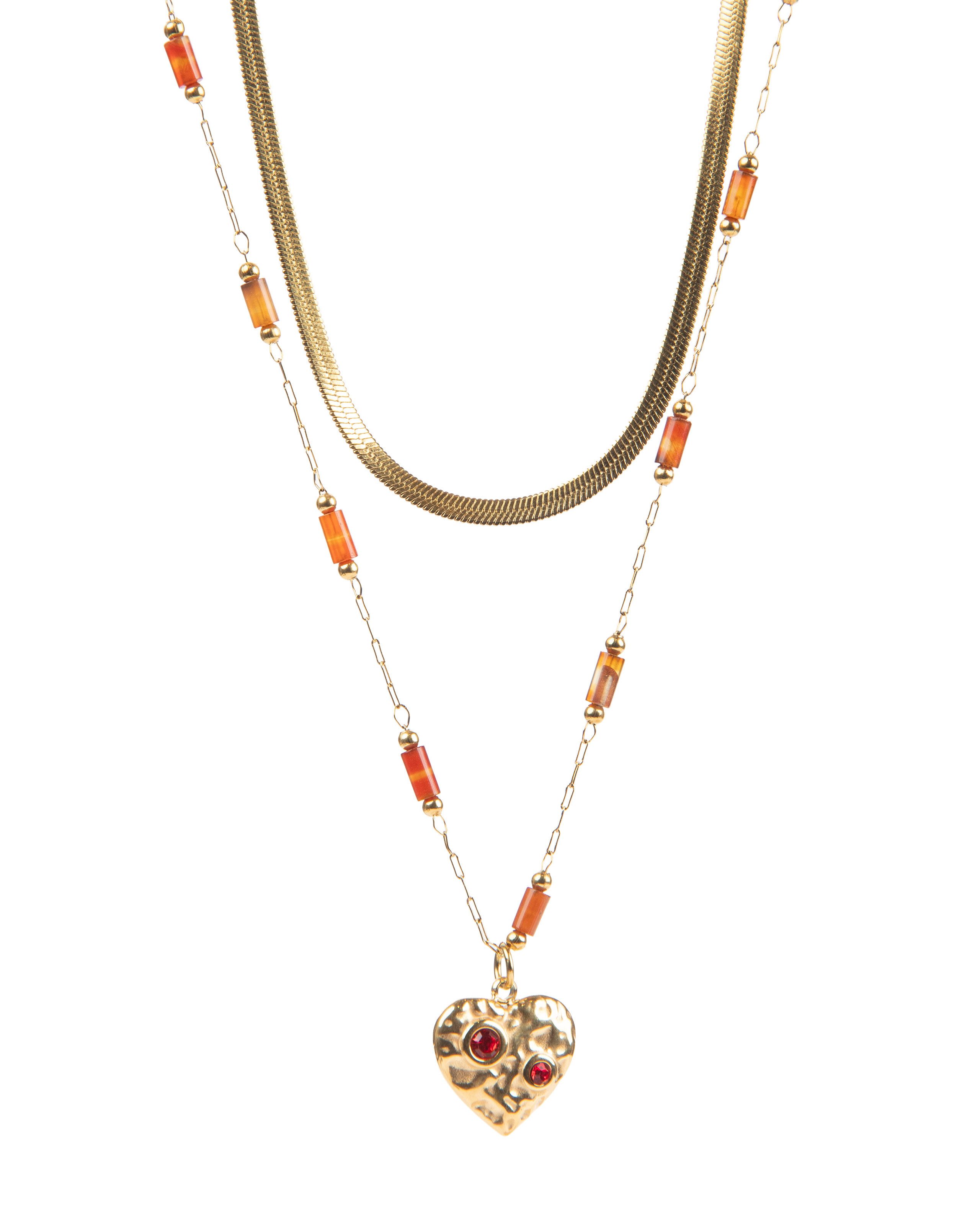 MayTree Collier Edelstahl Kettenset 18K vergoldet Karneol Herz (Stück, 1-tlg), mit Karneol Elementen