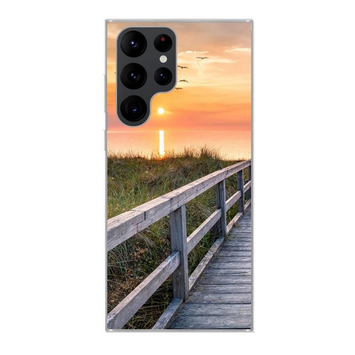 MuchoWow Handyhülle Sonnenuntergang - Meer - Weg - Gras - Düne - Vögel Phone Case Handyhülle Samsung Galaxy S22 Ultra Silikon Schutzhülle
