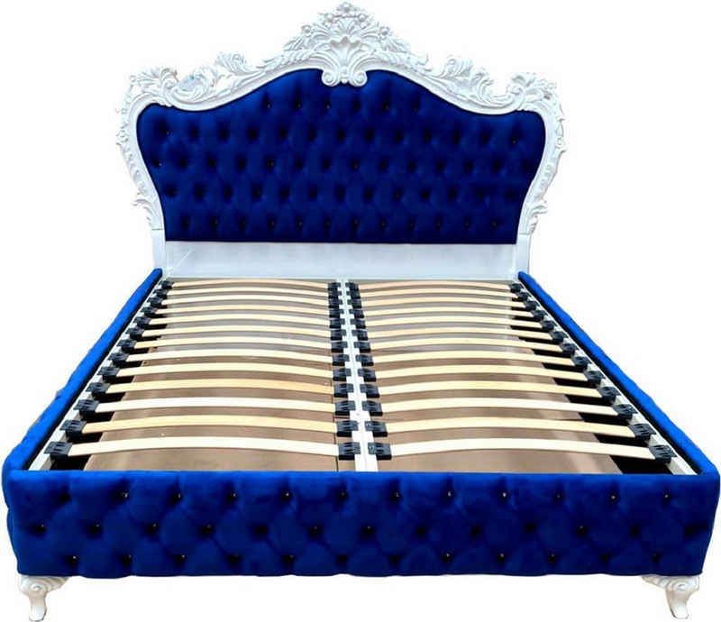 Casa Padrino Bett Doppelbett Royalblau / Weiß - Prunkvolles Massivholz Bett mit Glitzersteinen - Schlafzimmer Möbel