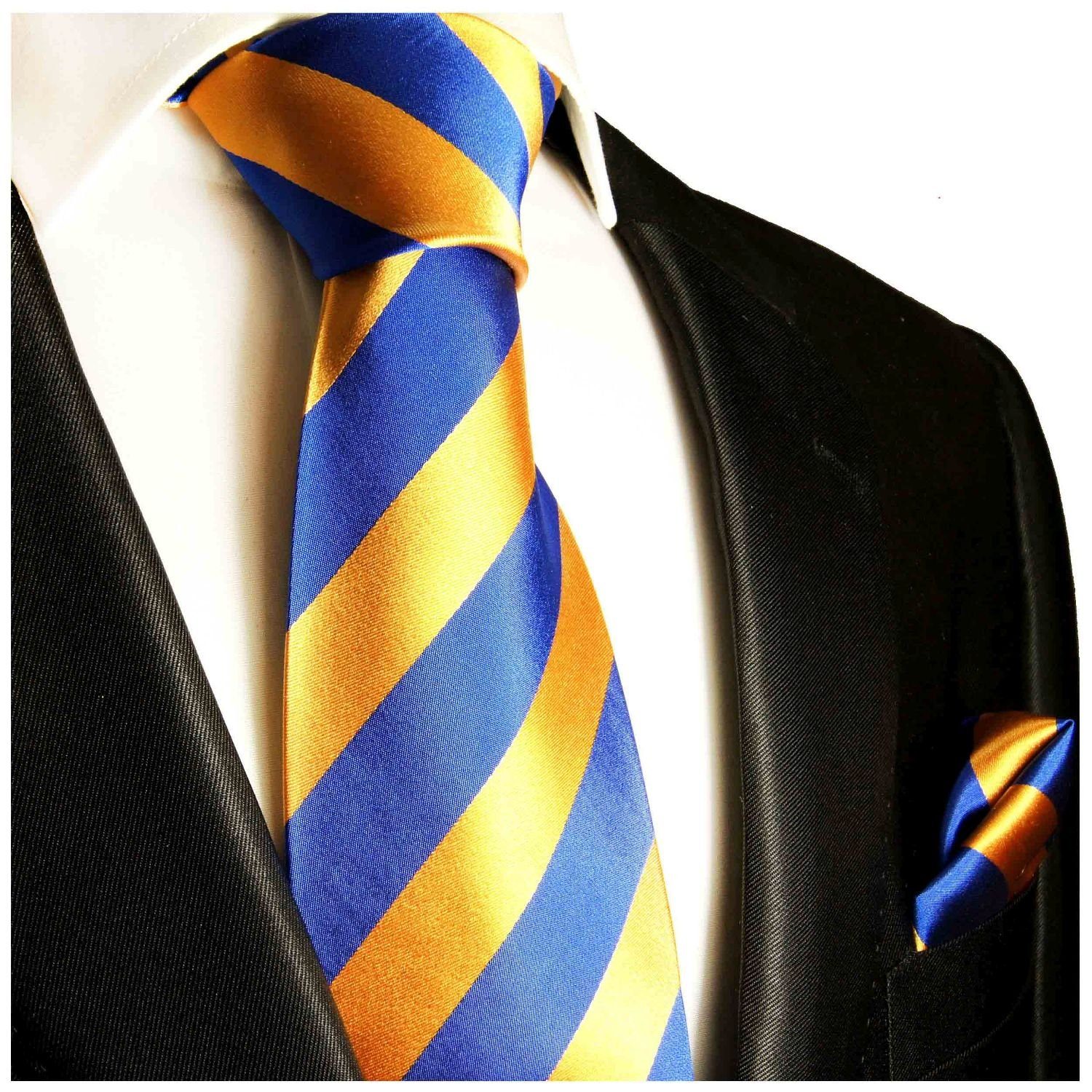 Paul Malone Krawatte Designer Herren Seidenkrawatte mit Tuch breit gestreift 100% Seide (Set, 2-St., Krawatte mit Einstecktuch) Schmal (6cm), orange blau 409
