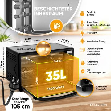 Stillstern Minibackofen MB35-LED 2G (35L) Deutsche Version, Ofenhandschuhe, Rezeptheft, Drehspieß, Timer, Innenbeleuchtung