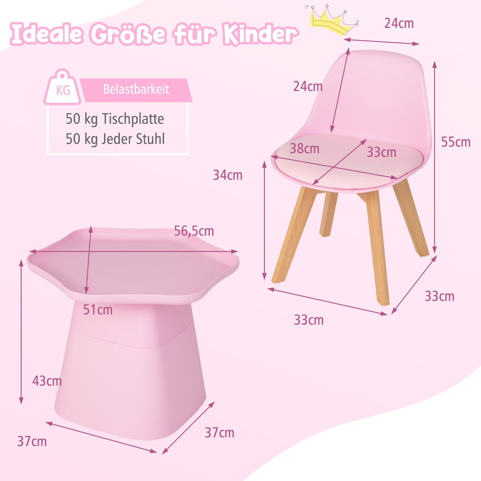 COSTWAY Children's Seating Set (3-piece), with children's table, 2 upholstered chairs, made of beech wood
