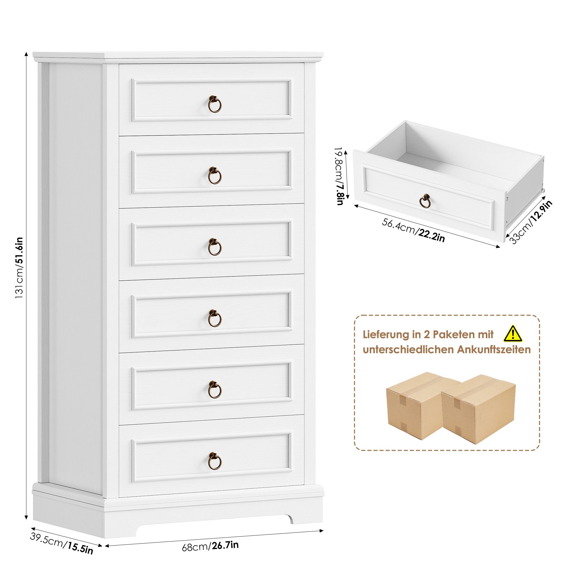 HOMECHO Hochkommode (1 St), 131cm Hoch Kommode mit 6 Schubladen, Weiß