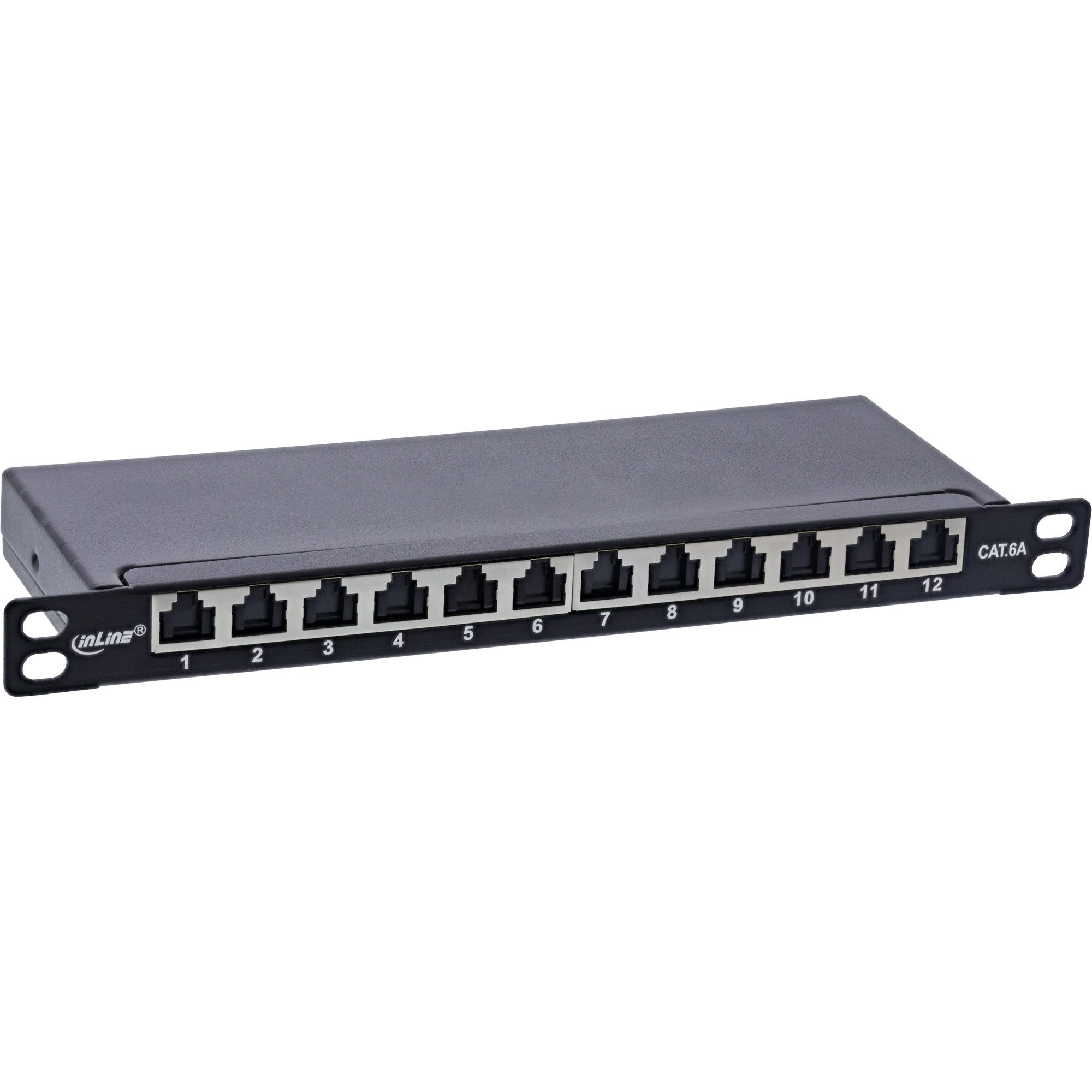 Patchfeld Cat.6A 0,5HE 12-fach, schwarz, mit Staubschutz Netzwerk-Patch-Panel
