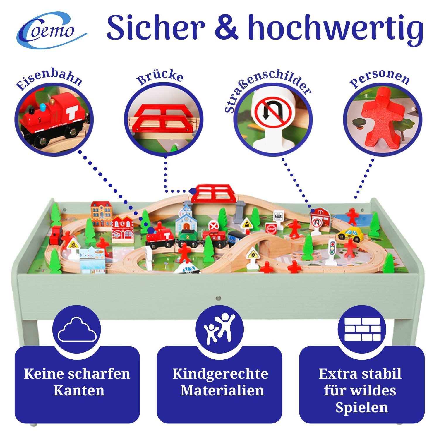 Coemo Spielzeugeisenbahn-Set, Spieltisch Grün für Kinder MDF inkl 90 tlg. Spielzeug Eisenbahn