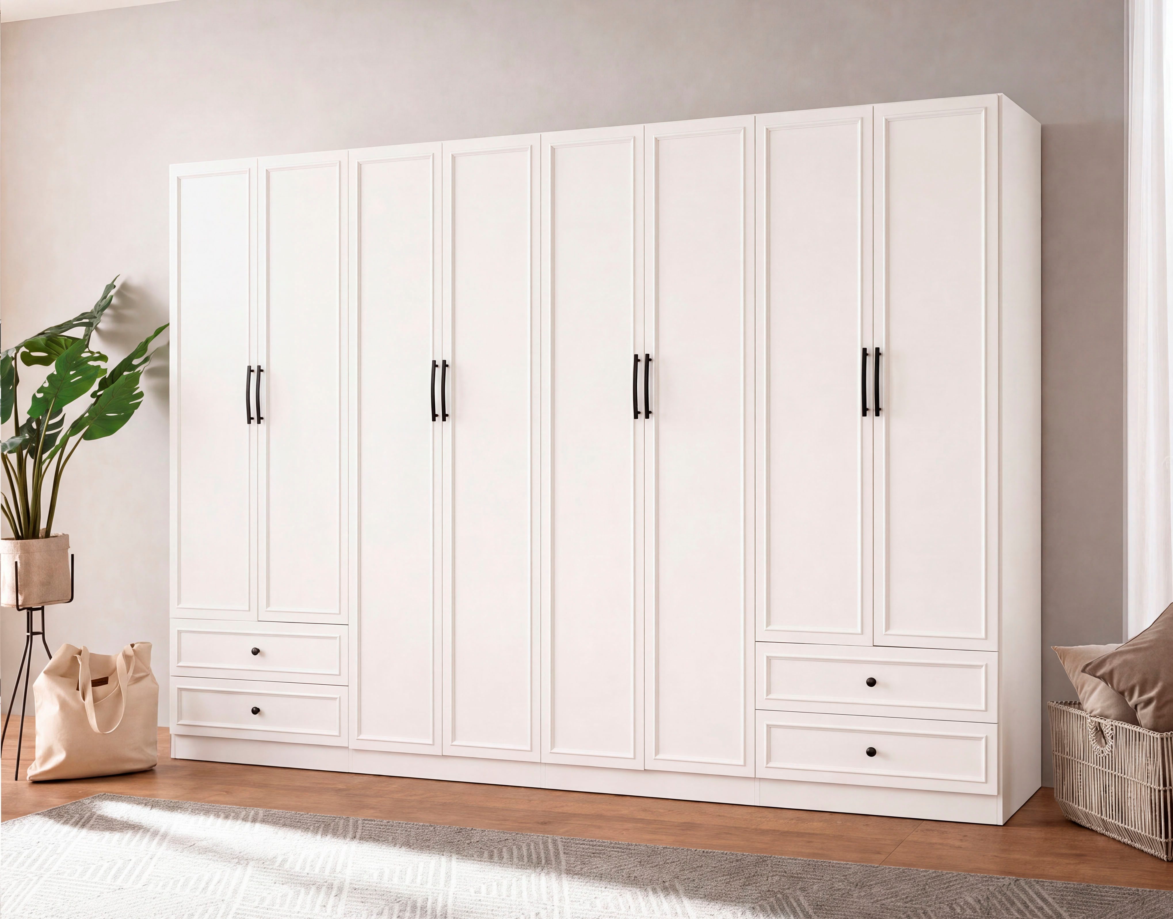 OTTO home Kleiderschrank Arrian 320 cm Weiß, 8-türiger Drehtürenschrank im Landhausstil (mit 4 Schubladen & Organizern, FSC Zertifiziert) XXL STAURAUM FÜR IHR ZUHAUSE