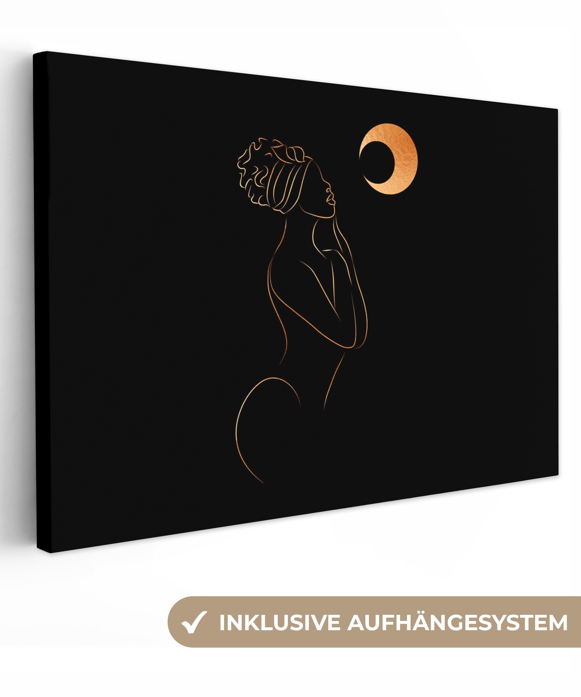 OneMillionCanvasses® Leinwandbild Frau - Mond - Gold - Strichzeichnung, (1 St), Wandbild Leinwandbilder, Aufhängefertig, Wanddeko, 30x20 cm