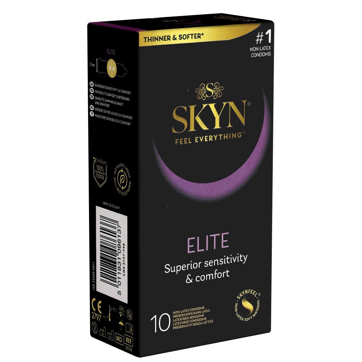SKYN Kondome Elite (Ultra Thin & Ultra Soft) Packung mit, 10 St., hypoallergene Kondome, ideal für Latexallergiker, superdünne latexfreie Kondome aus Sensoprène™