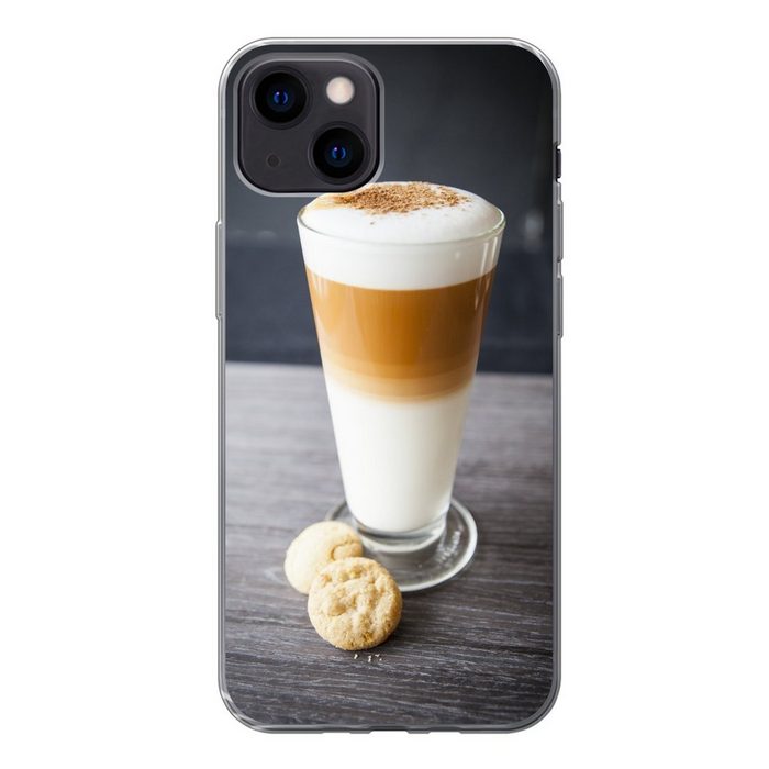MuchoWow Handyhülle Ein Glas Latte Macchiato und Kekse Handyhülle Apple iPhone 13 Mini Smartphone-Bumper Print Handy
